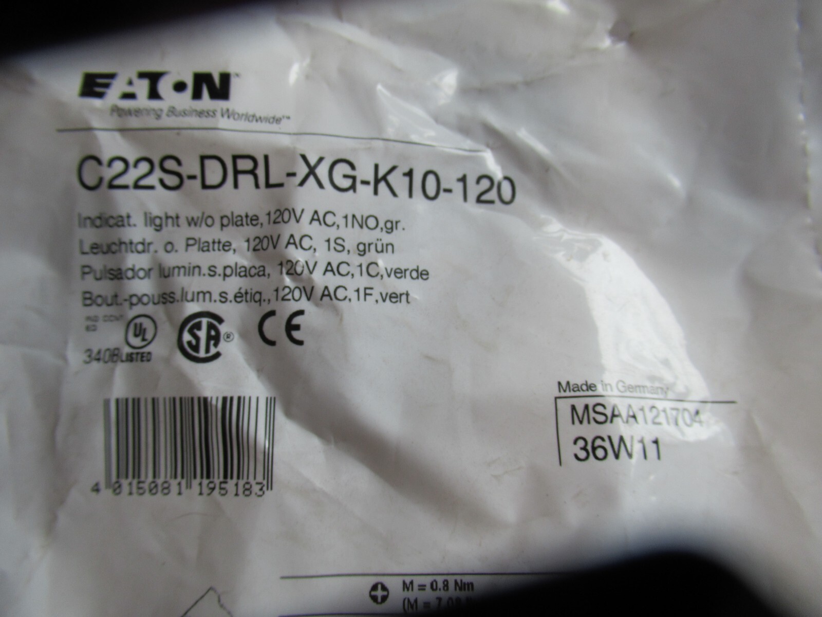 Eaton C22S-DRL-XG-K10-120 Green Indicator Light 120VAC -NEW-B