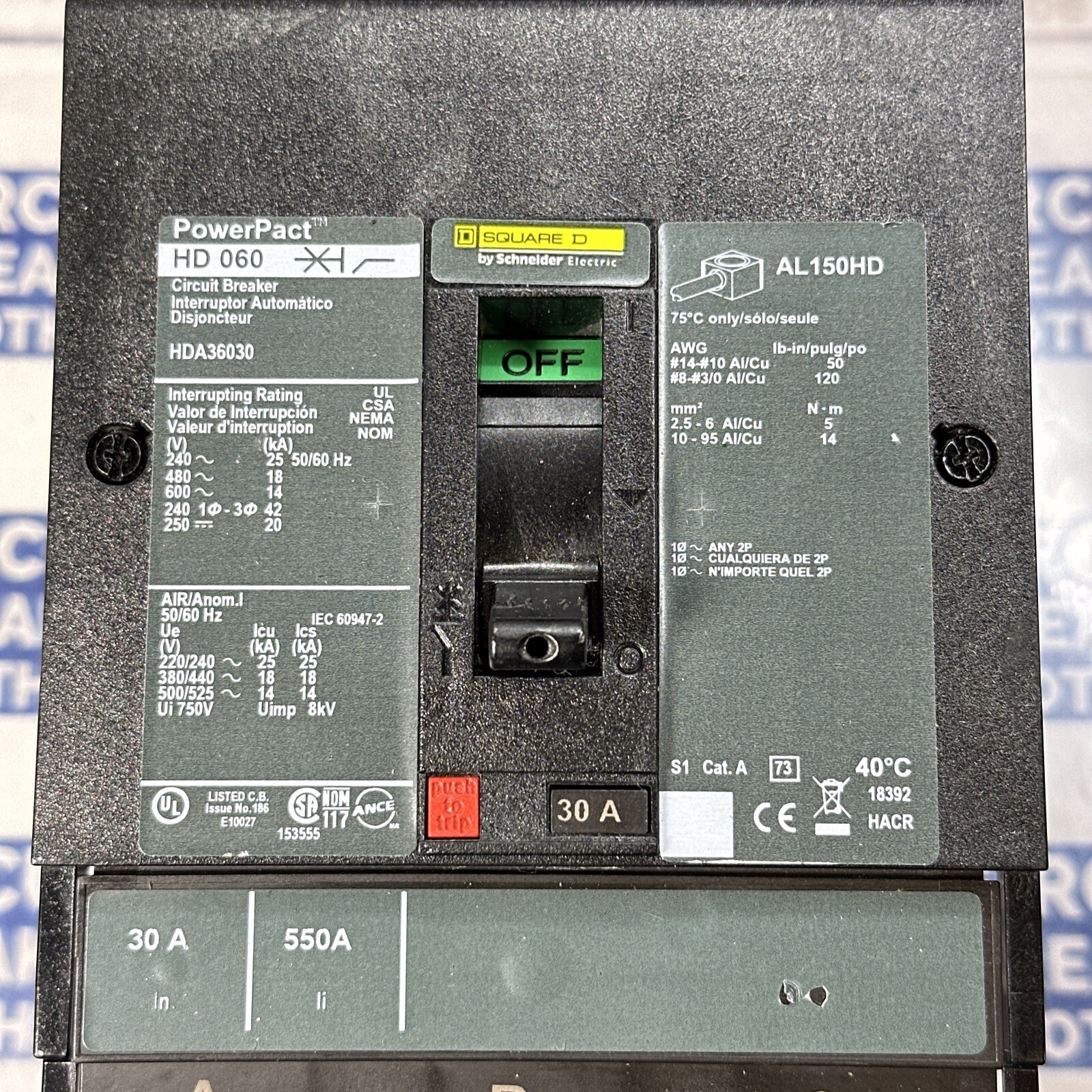 SQUARE D HDA36030 30 Amp 600V 3 Pole I Line Circuit Breaker-Warranty(New No Box)