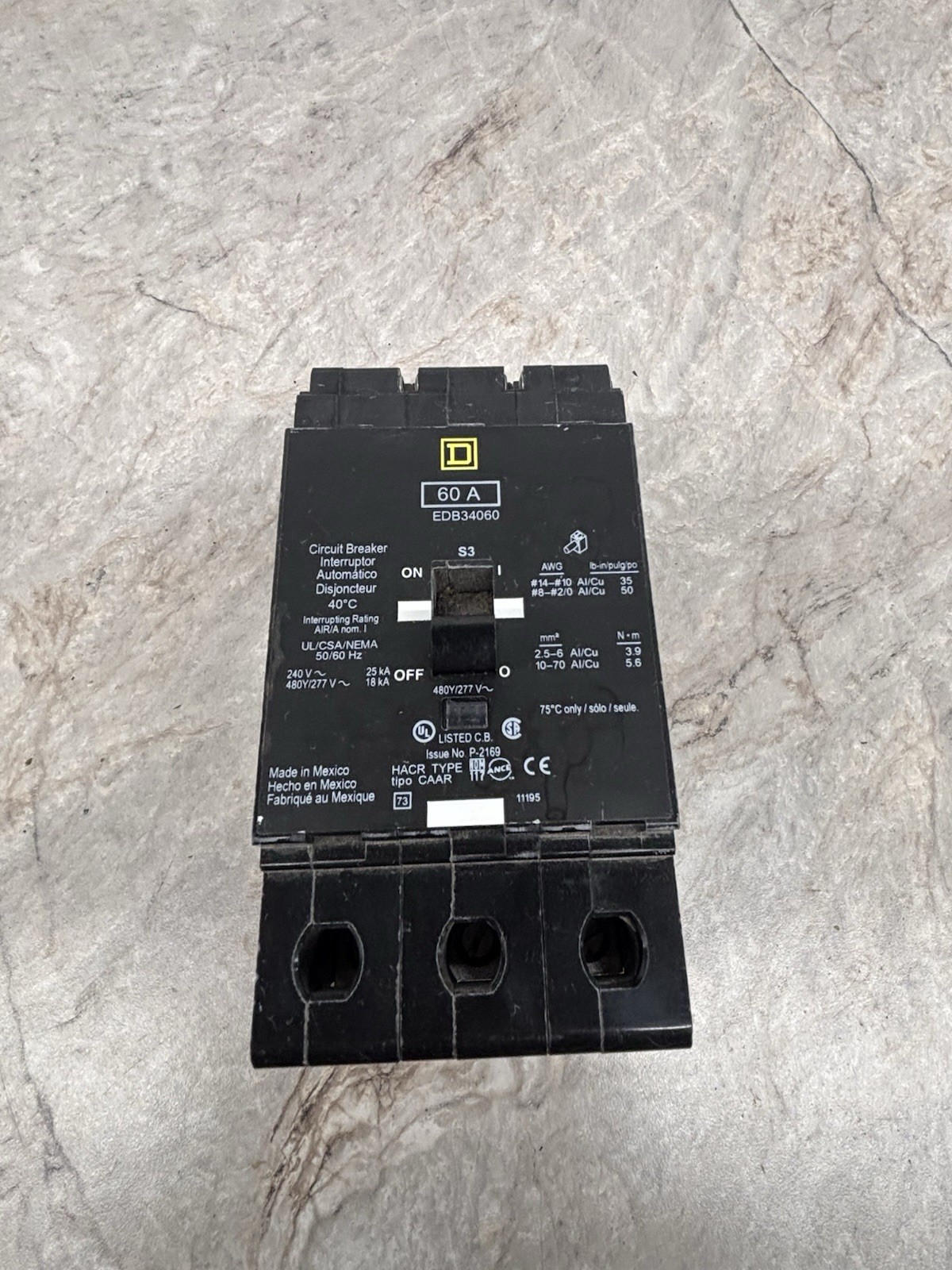Square D EDB34060 Bolt-On Circuit Breaker, 60 Amp 480 Volt, 3 Pole