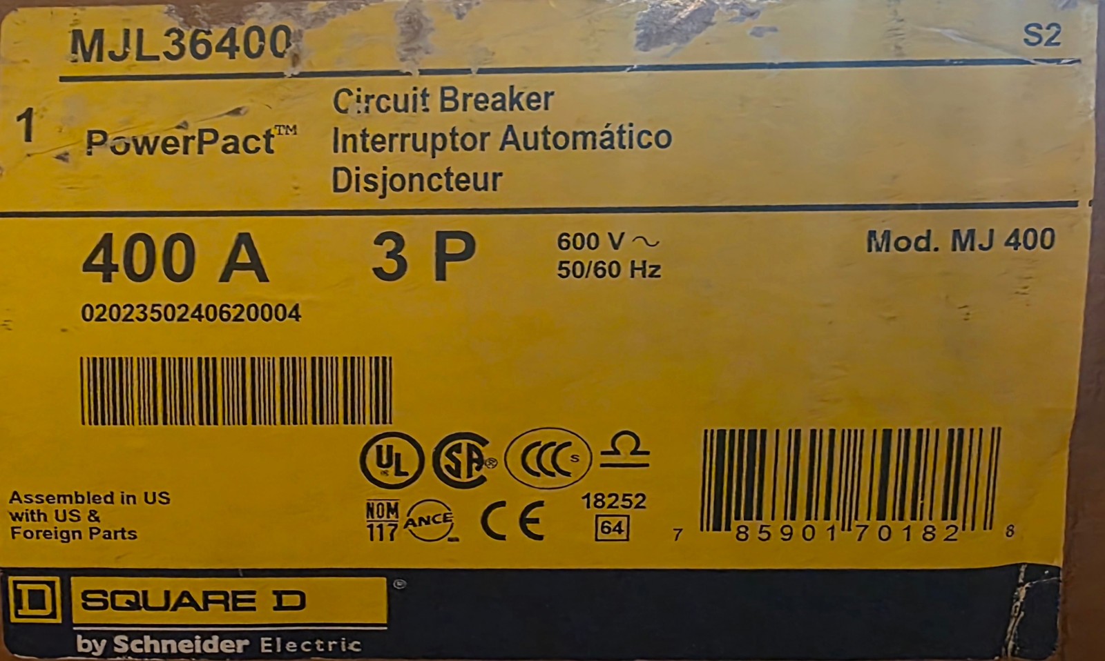 Circuit breaker, PowerPacT M, 400A, 3 pole, 600VAC, 25kA, lugs, ET 1.0, 80%