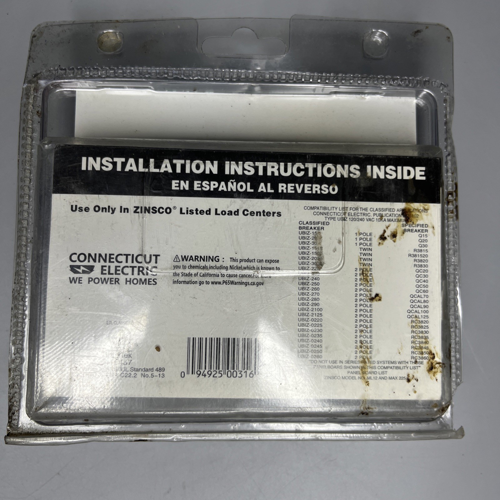 NEW Zinsco Connecticut Electric Double Pole 100 Amp Type UBIZ-2100-1 Breaker