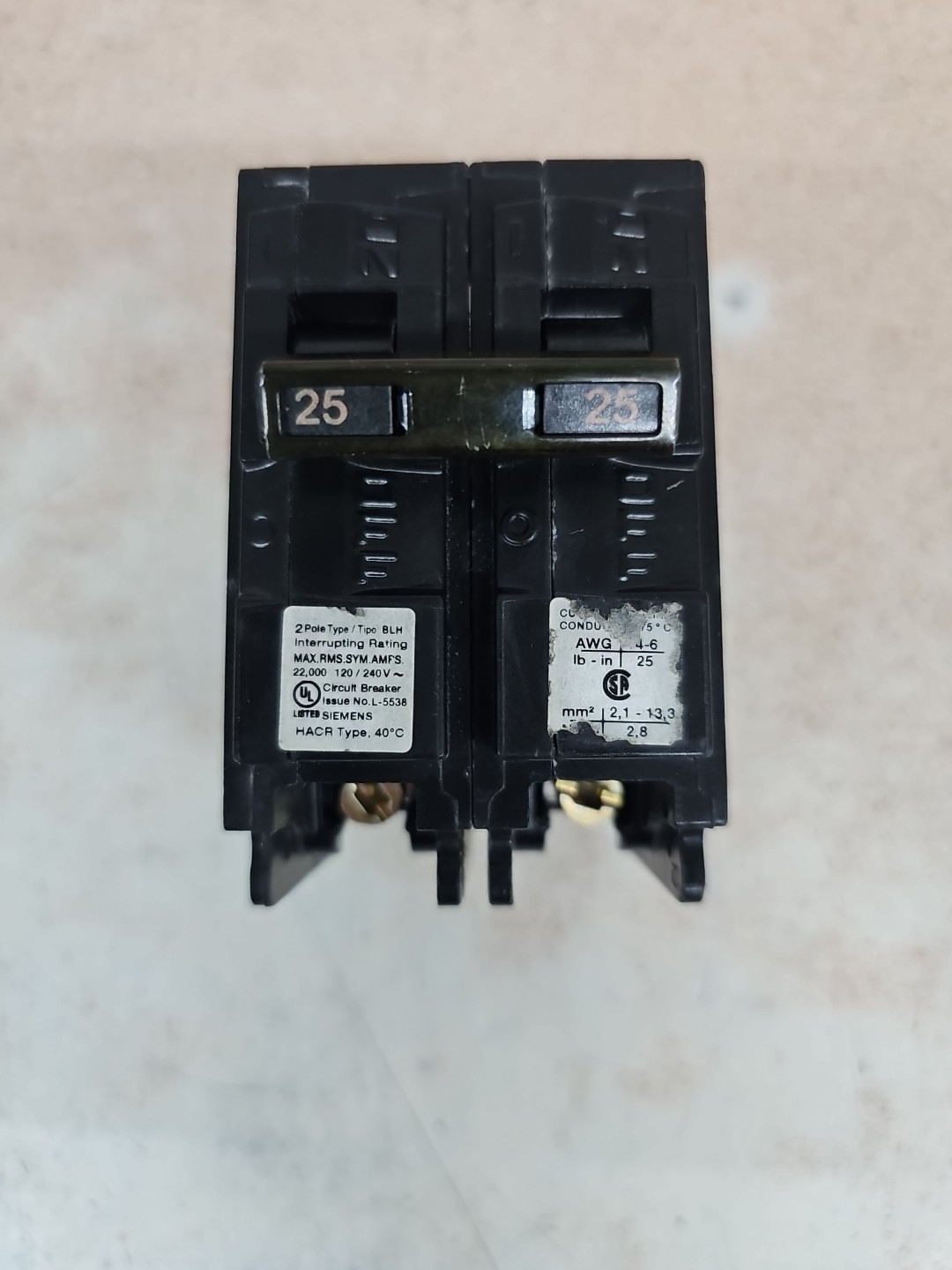 1) Siemens B225H BLH225 BLH 2 Pole 25 Amp 22kA Circuit Breaker