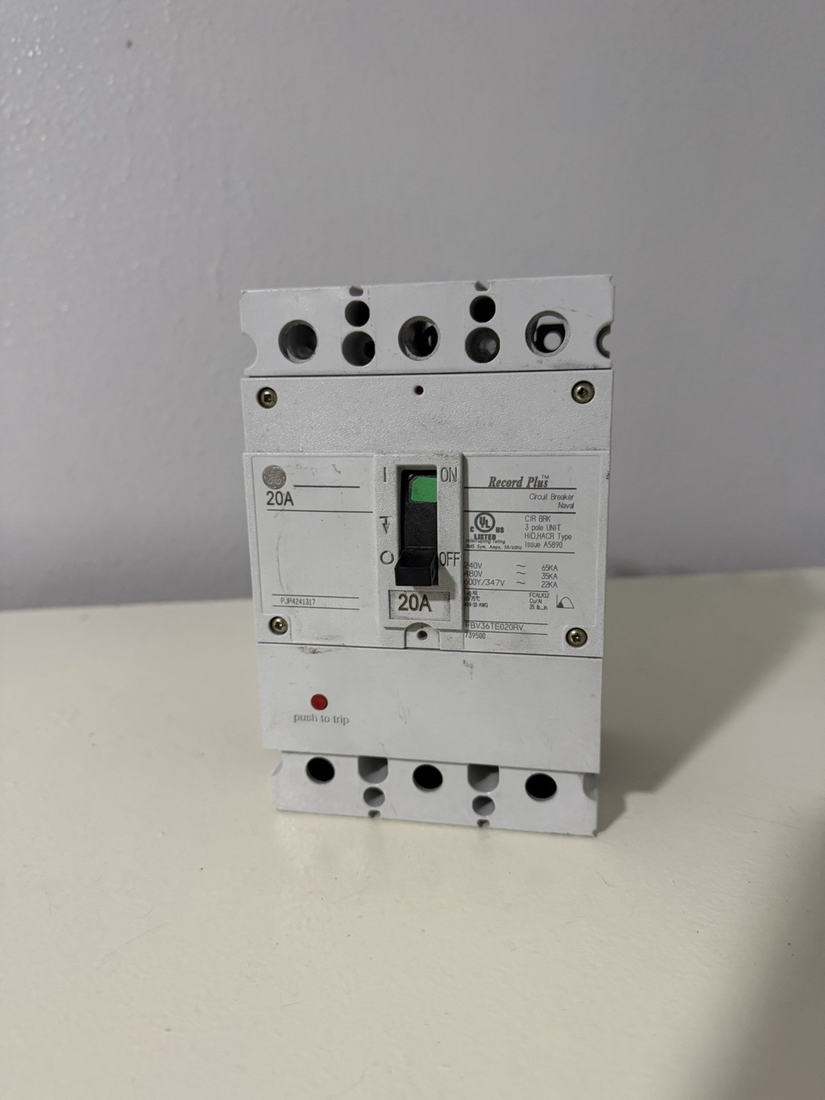 GE FBV36TE020RV Circuit Breaker, 3-Pole 20A 600y/347v 35kA@480V