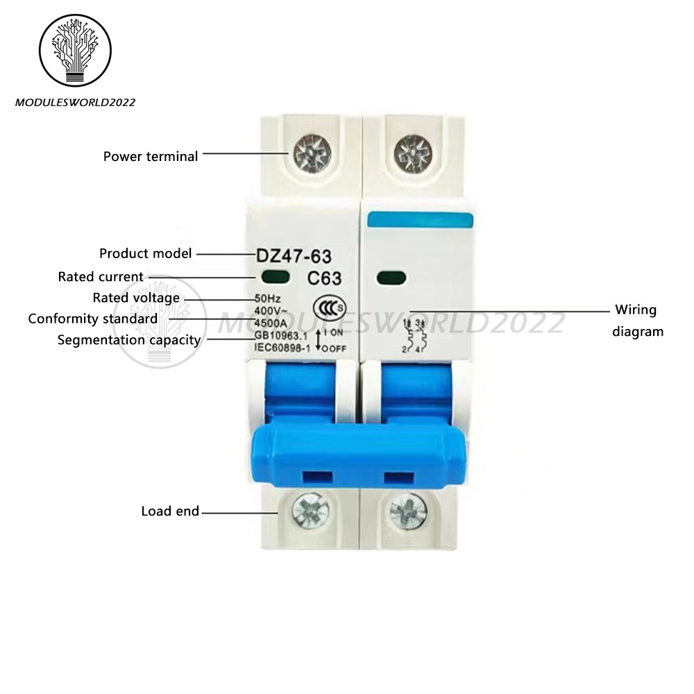 DZ47-63 2P Mini Circuit Breaker 6-63A Overload Short Circuit Protetion 400V 50Hz