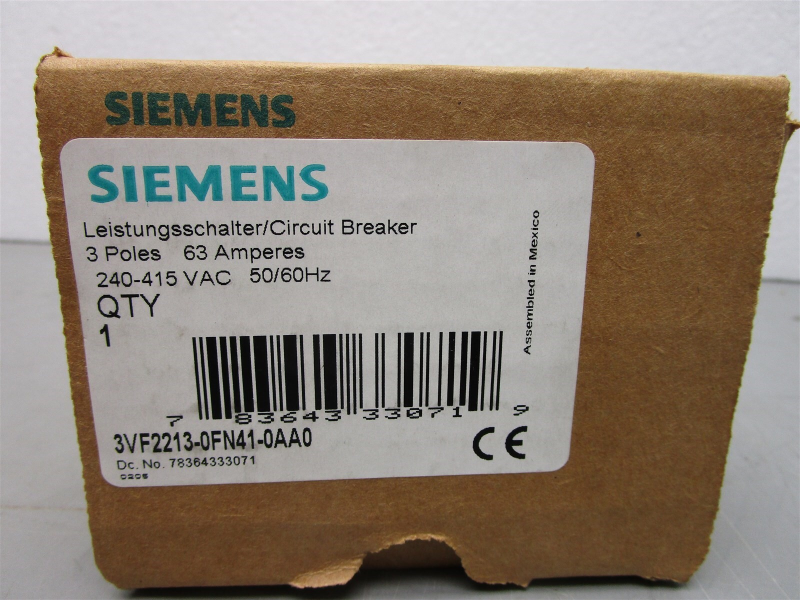 Siemens 3VF2213-0FN41-0AA0 63 AMP 3P 65ka 240-415 VAC VF100 Din Rail Breaker NIB