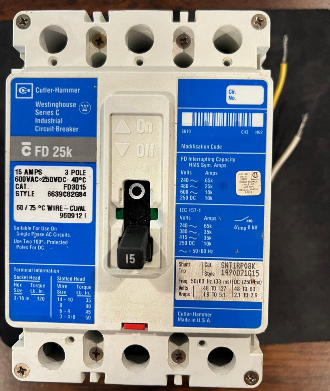 Westinghouse Cutler Hammer FD3015 15 AMP 600V 3Pole Breaker Shunt Trip SNT1RP08K