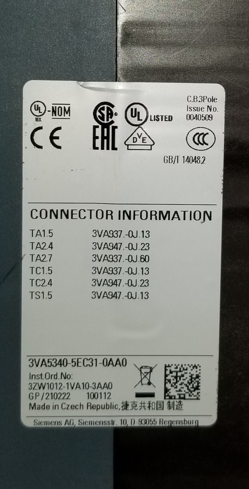 Siemens 3VA5340-5EC31-0AA0 Circuit Breaker 400 Amp 3 Pole 480 Vac 3va5-5ec31