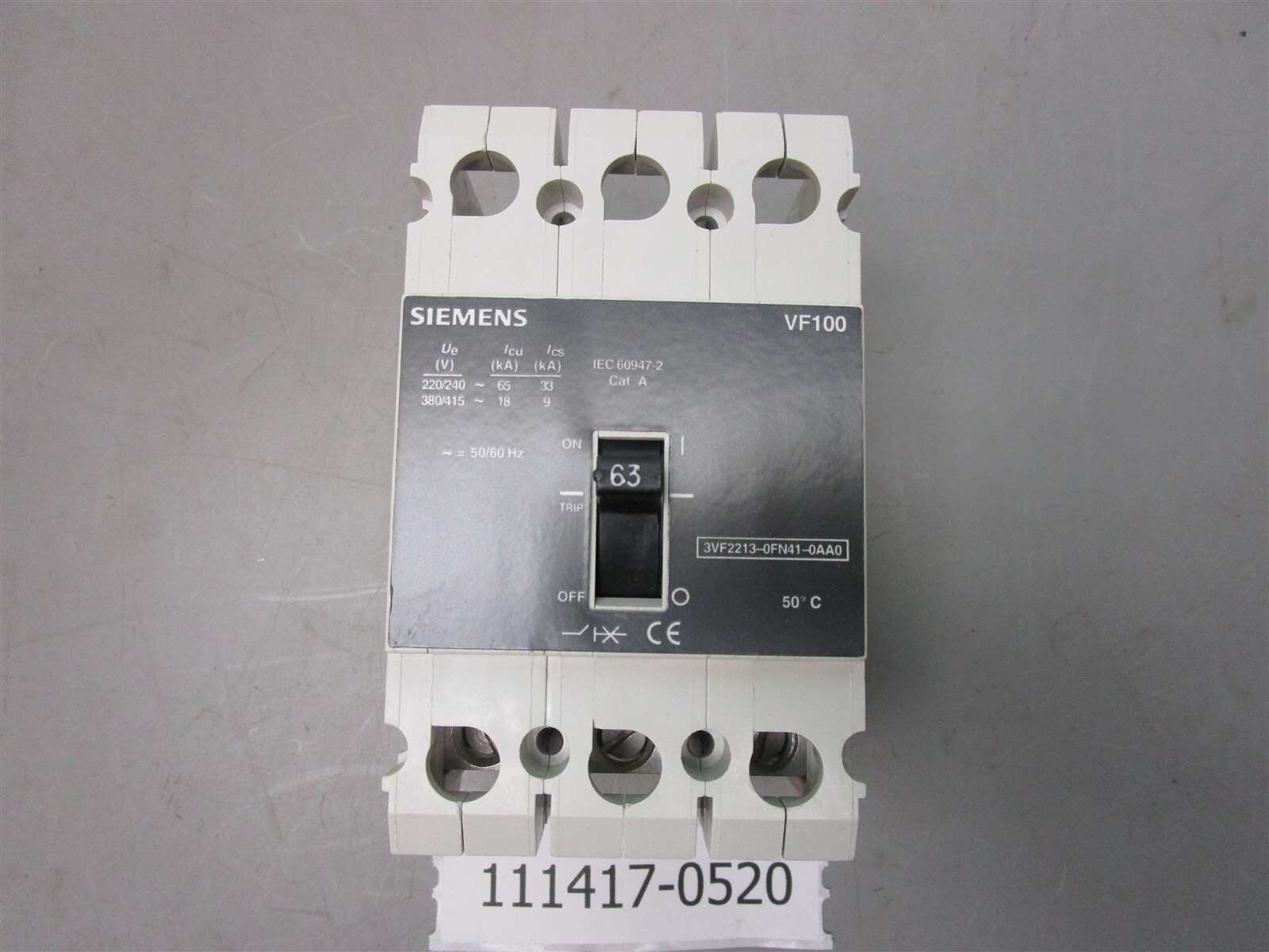 Siemens 3VF2213-0FN41-0AA0 63 AMP 3P 65ka 240-415 VAC VF100 Din Rail Breaker NIB