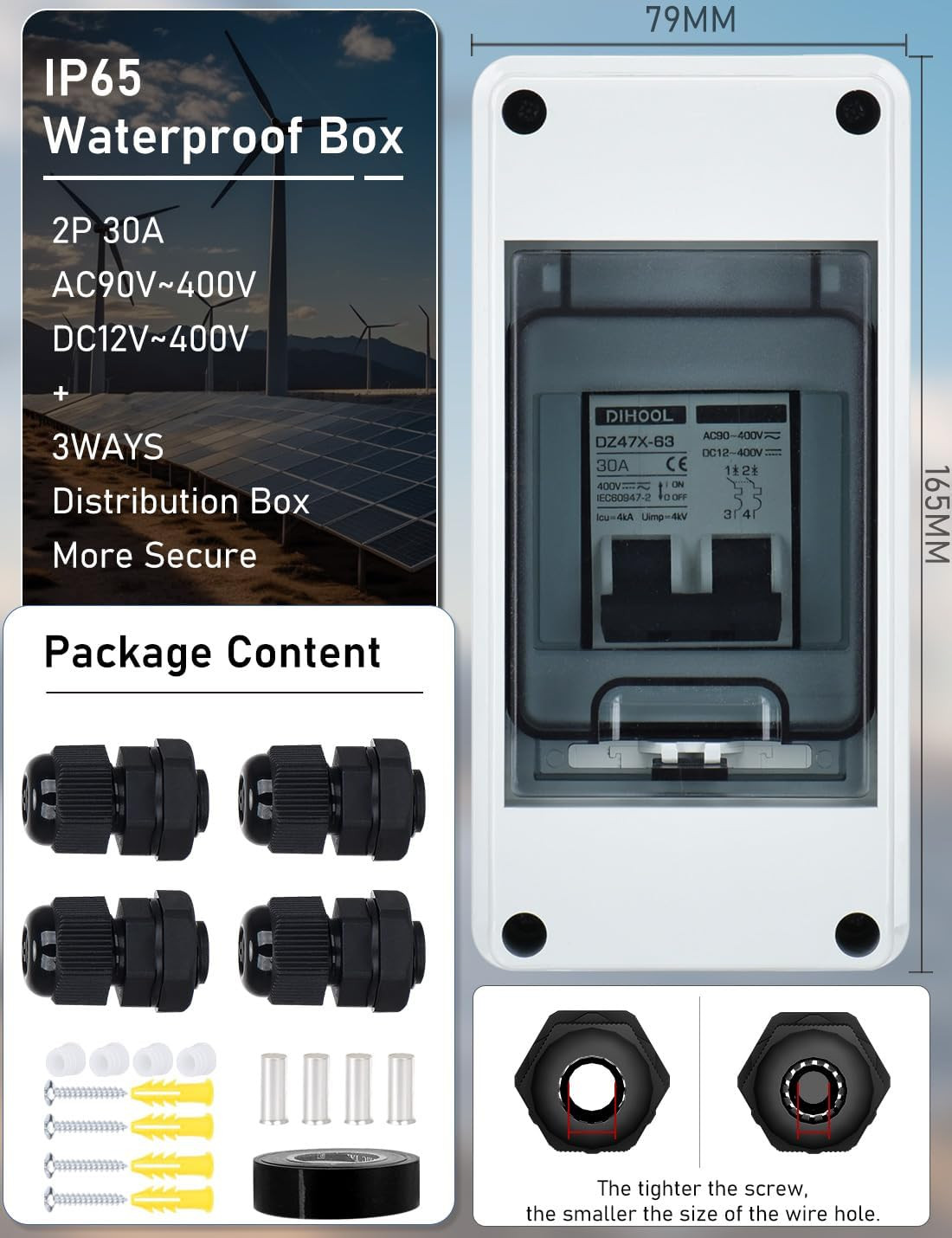 AC DC Circuit Breaker with IP65 Din Box for Solar Systems, 30 Amp 2 Pole 12V-400