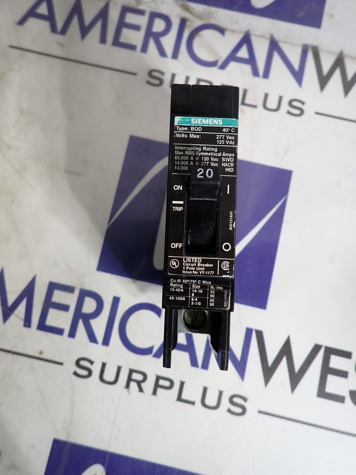 Siemens BQD Circuit Breaker BQD120 1P 20A 14kA @ 277 VAC Black Frame – TESTED