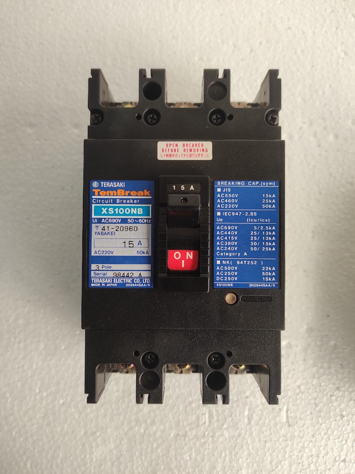 Terasaki TemBreak xs100nb / XS100NB 15A 3 Pole Circuit Breaker