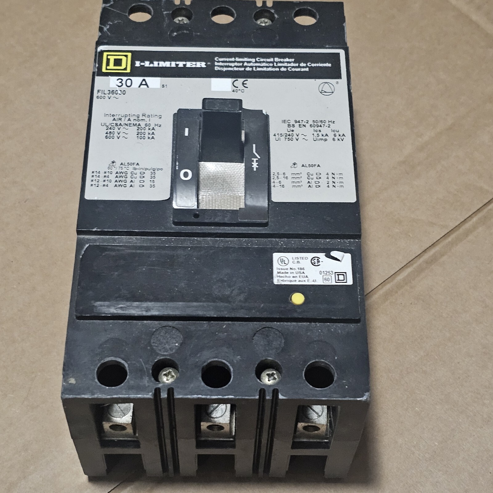 Square D FIL36030 30A I-Limiter Circuit Breaker 600V 3 Pole Square D -USED