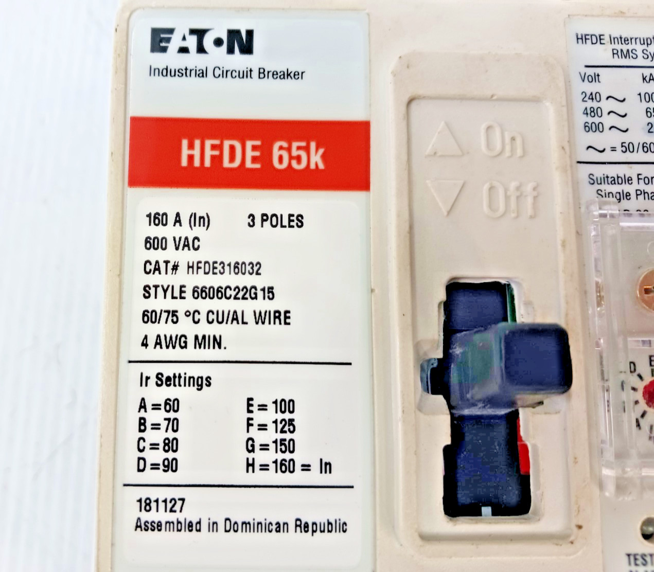 Eaton 160 Amp Circuit Breaker W/ LSI Test Alarm Trip 3 Pole 600 VAC HFDE316032