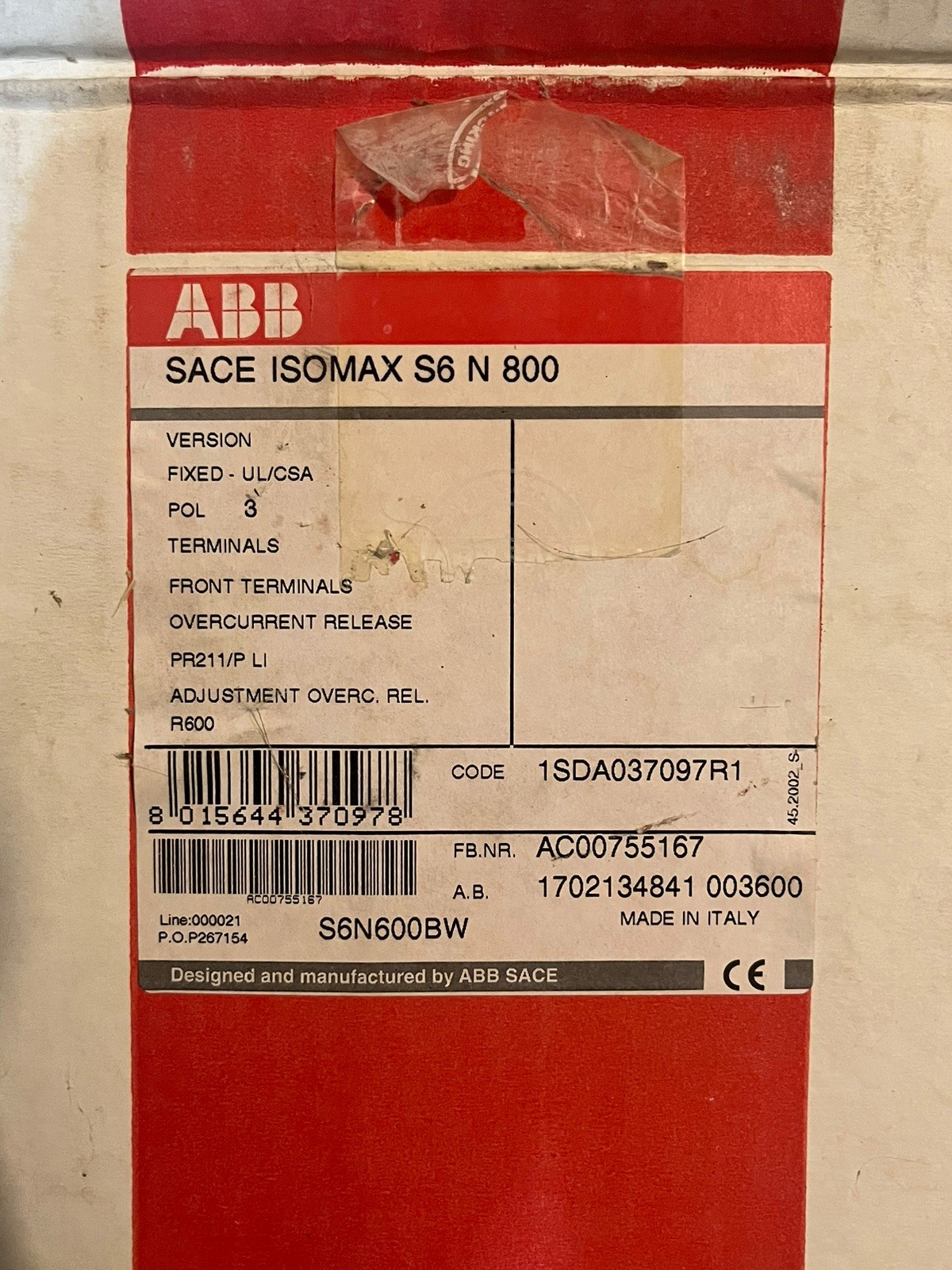 ABB S6N600BW 3 Pole 600A Circuit Breaker Type S6N