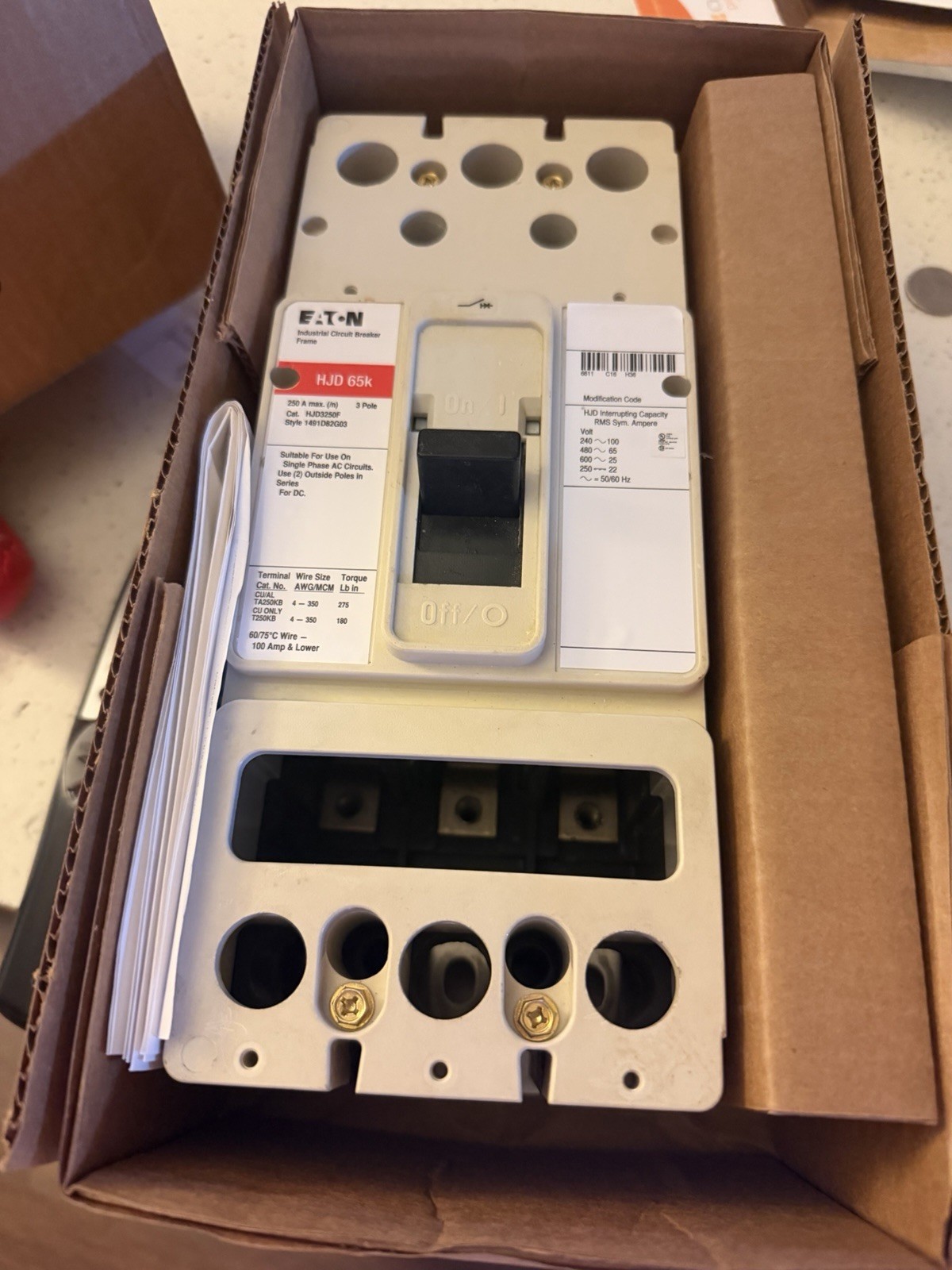 Eaton HJD 65k HJW 70k Circuit Breaker Frame 250A 3 Pole AC 240/480/600V