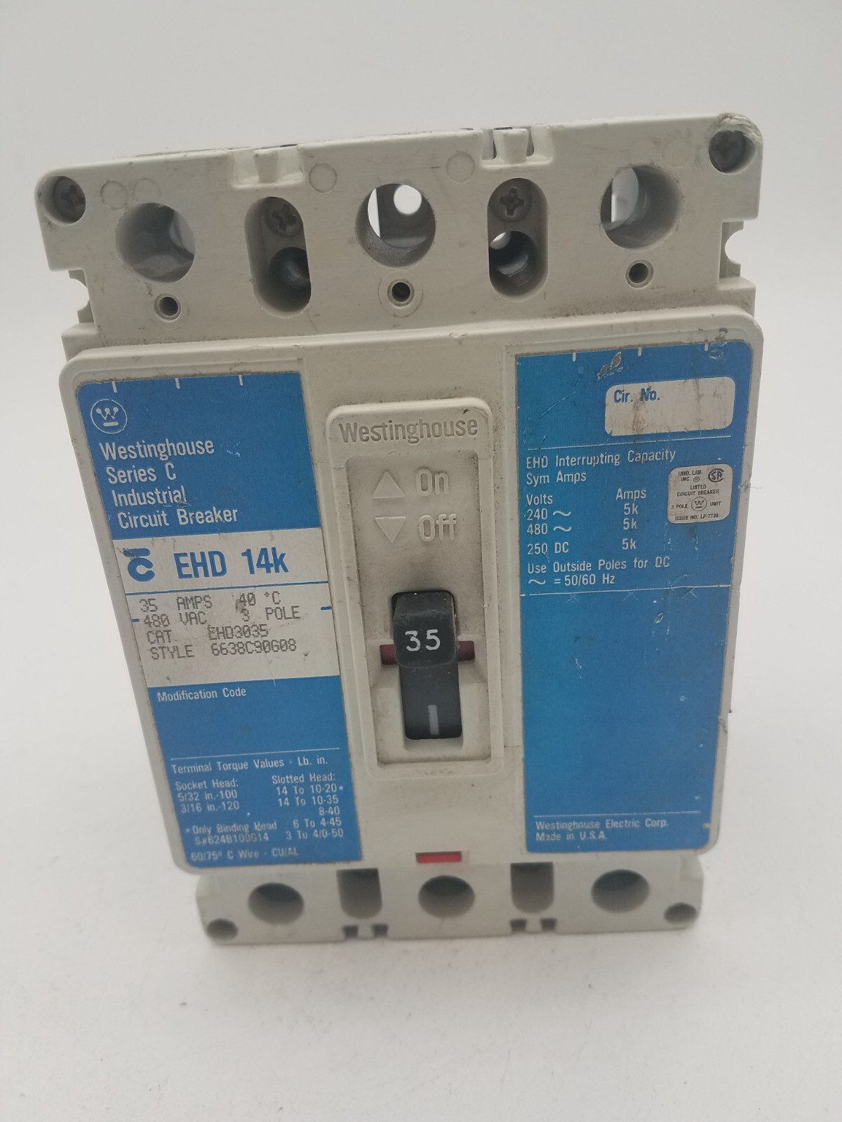 Westinghouse EHD3035 Circuit Breaker 35A 480V 3P EHD 14KA Blue Label Used