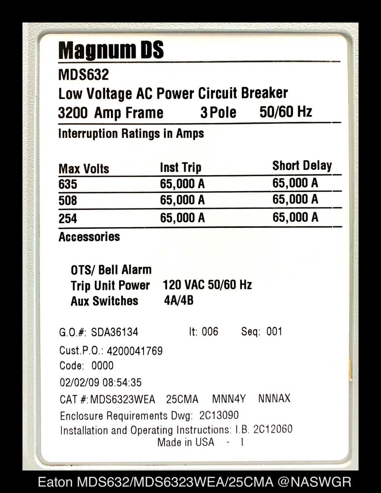 Eaton Magnum DS MDS632 Breaker (M/O,D/O) – 2500 Amp – Unused/1Yr Warranty