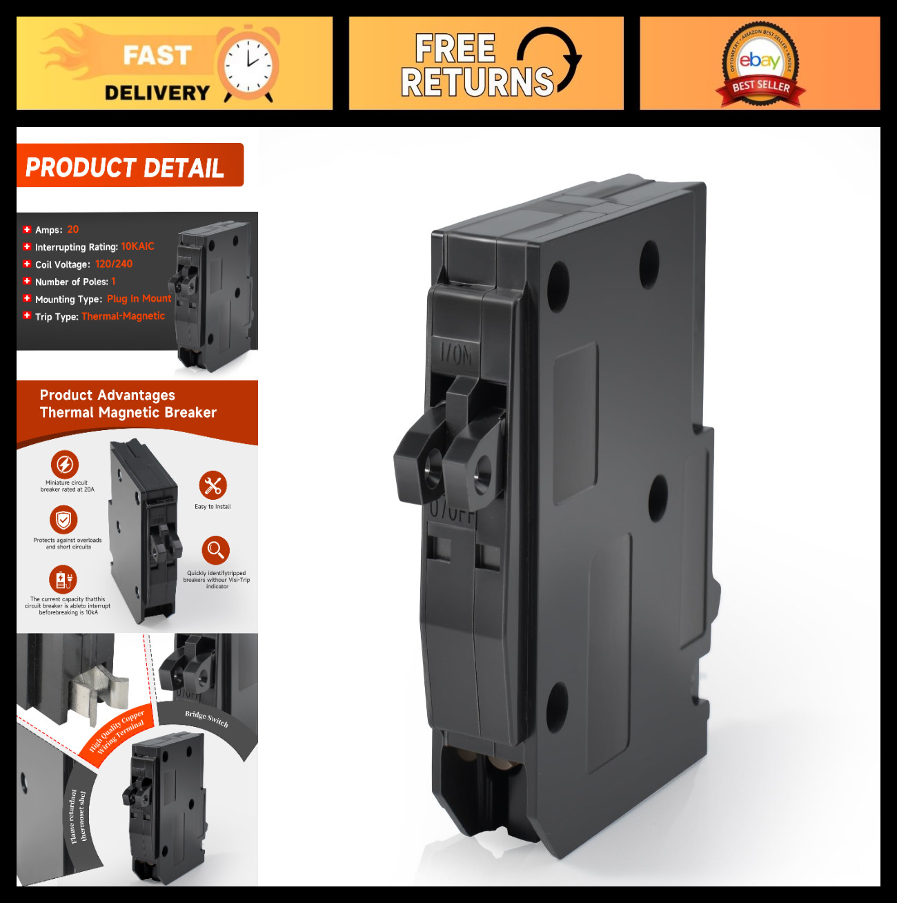20A Tandem Mini Circuit Breaker 2 Pole 120/240VAC, Compatible with Load Centers