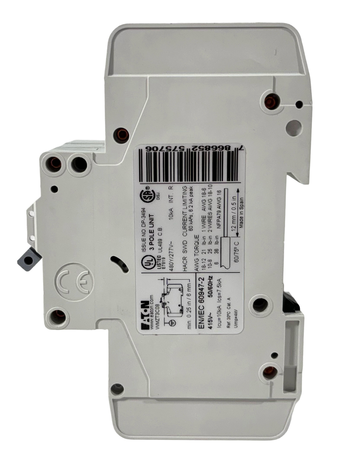 Eaton WMZT3C08 Breaker 8A 3‑Pole 480Y/277V 10kA Type C DIN‑Rail Screw Terminals