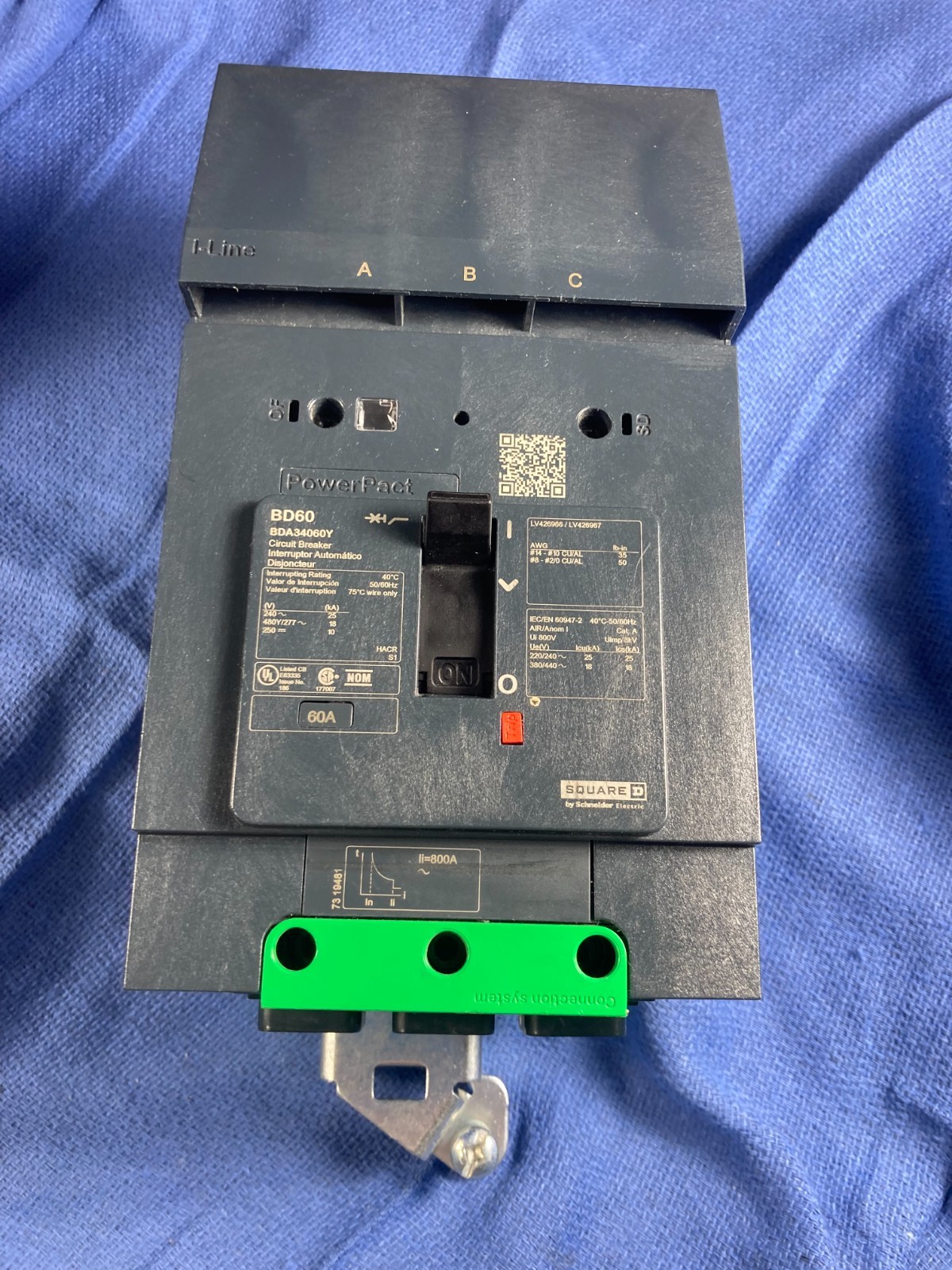 Square D BDA34060Y, 60 Amp, 480 Volt, 3 Pole, BD60 I-LINE Circuit Breaker AC/DC
