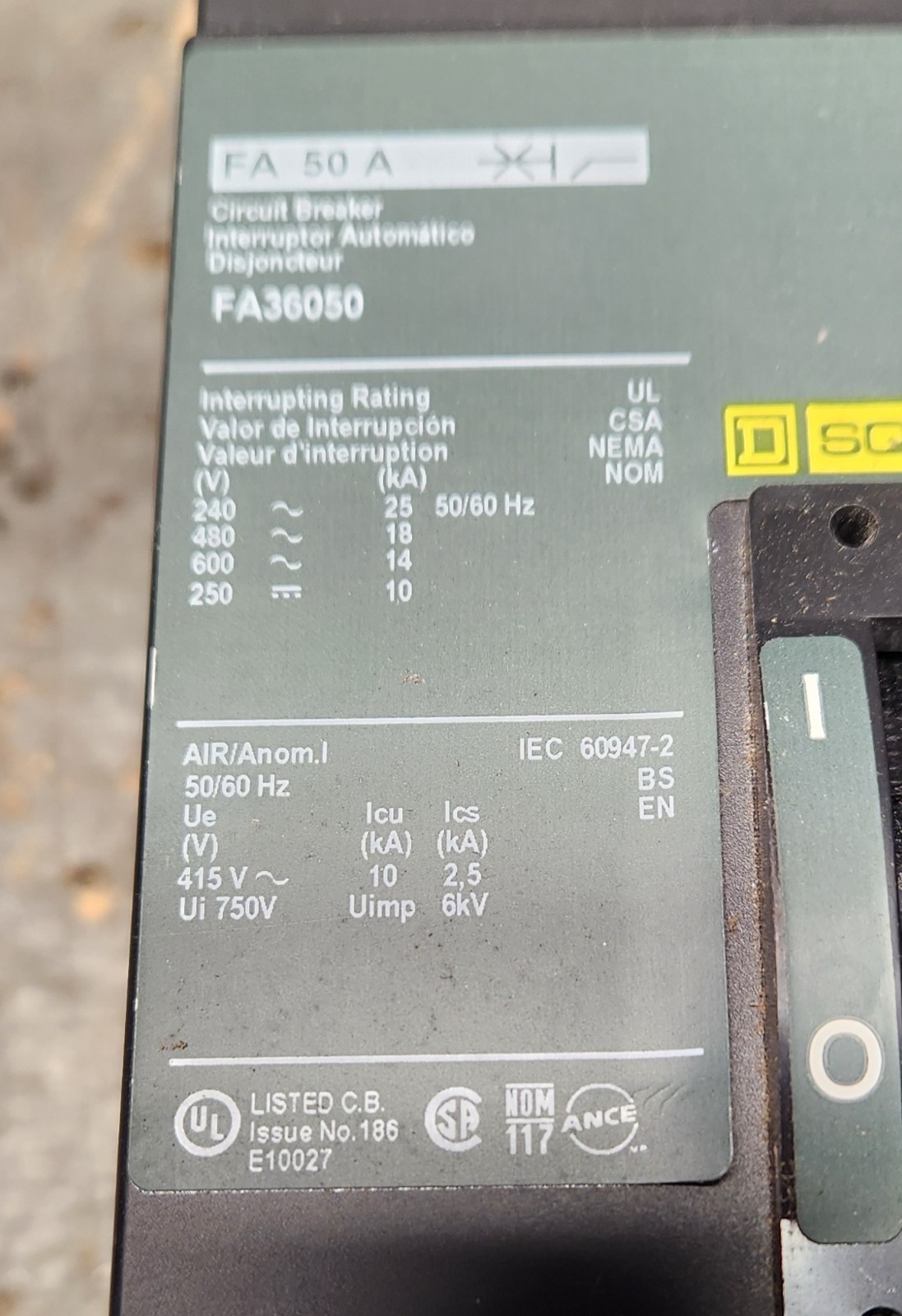 NEW Square D FA36050 3-Pole 600v 50A I-Line Circuit Breaker