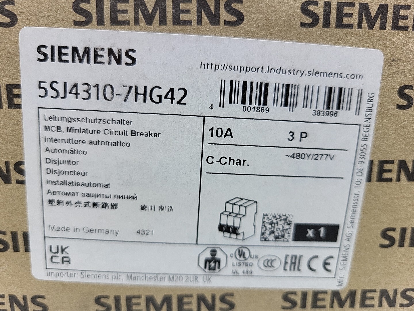 Siemens 5SJ4310-7HG42 Circuit Breaker 10A Amp 3-Pole Type NSJ 277V/480Y New