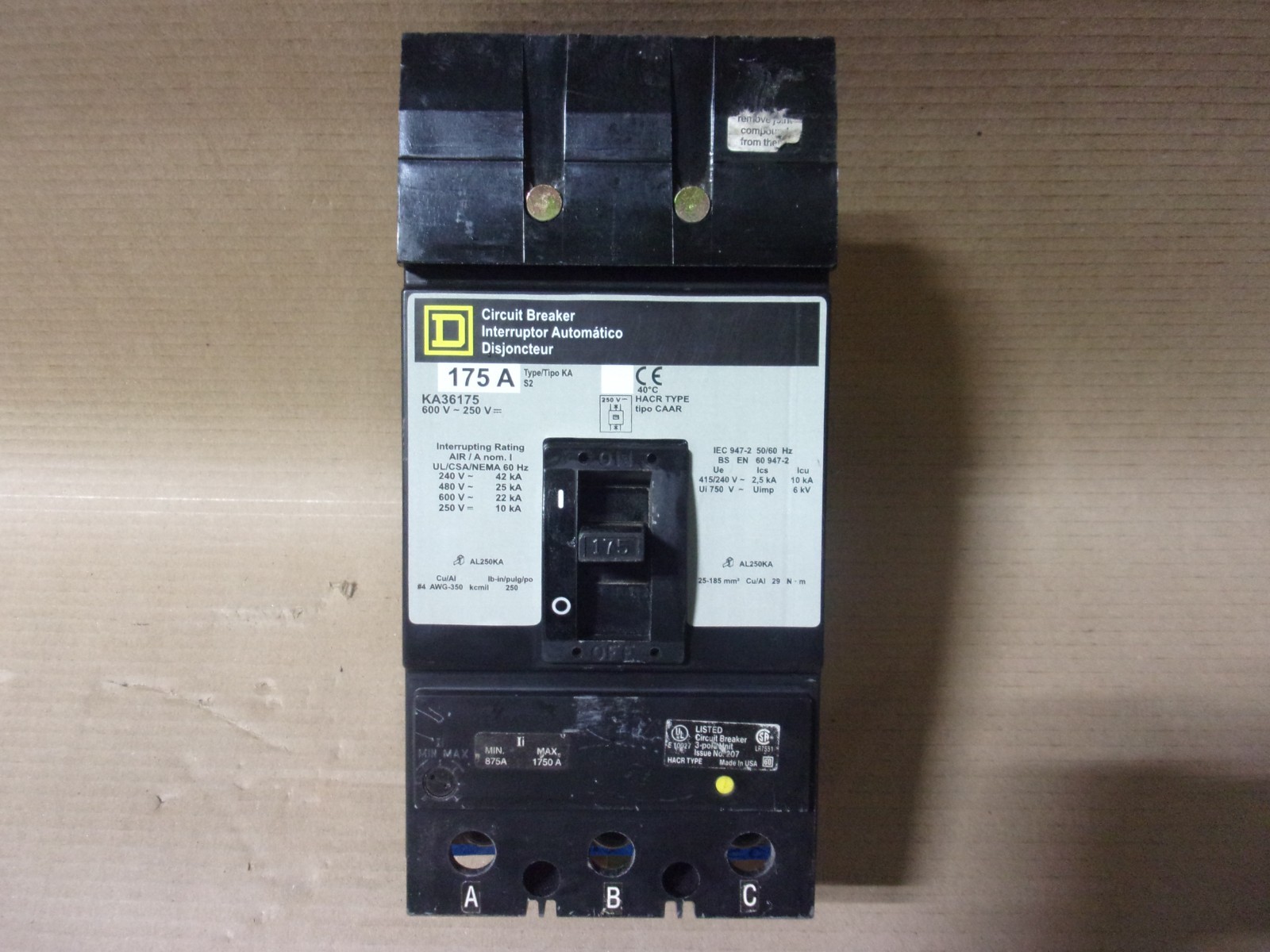 Square D KA KA36175 3 Pole 175 Amp 600V Gray Label Circuit Breaker I-Line