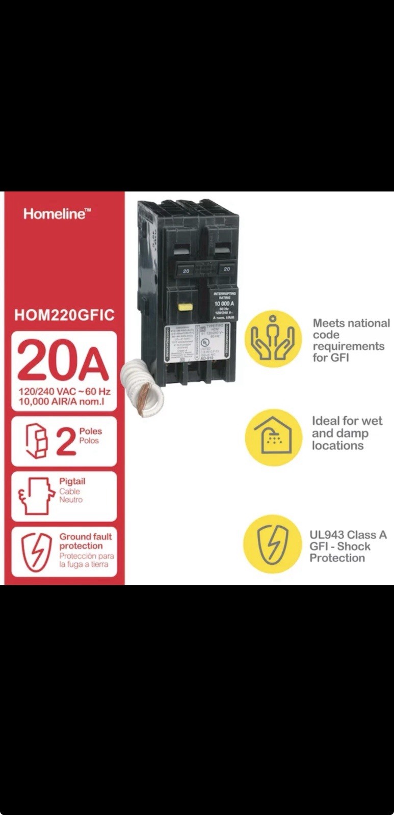 Square D HOM220GFIC HomeLine 20Amp 2-Pole Circuit Breaker