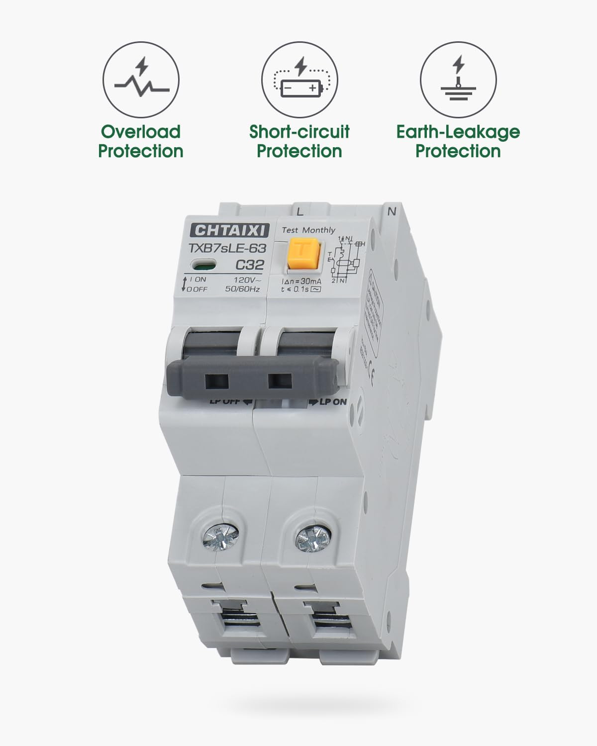 Ground Fault Circuit Breaker, 32 Amp 120V AC DIN Rail Mount Residual Current Cir