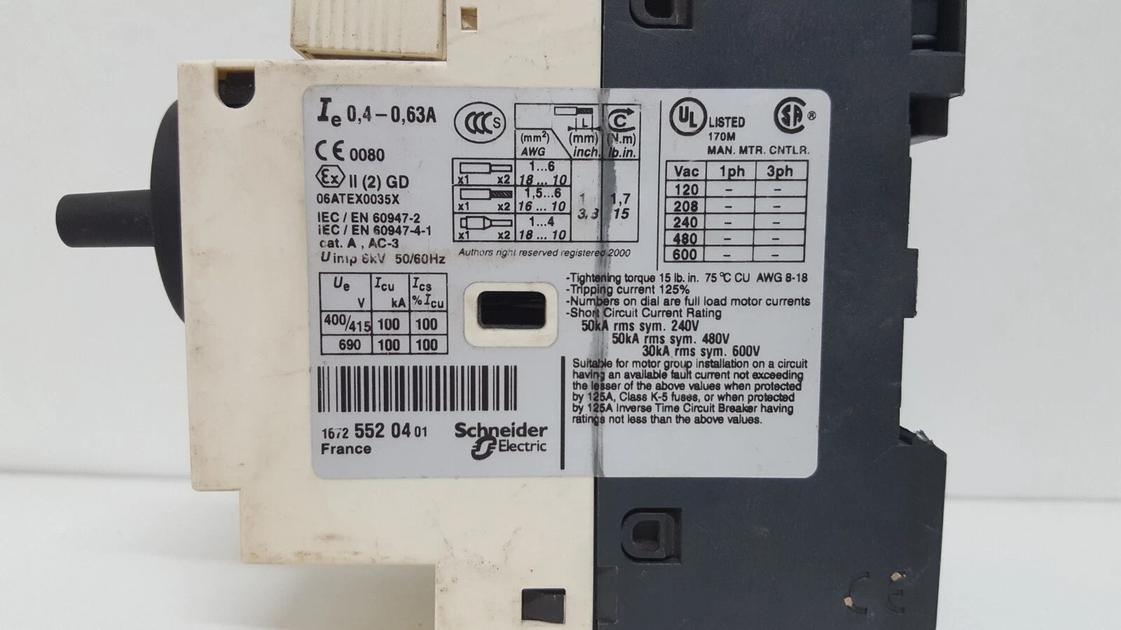 SCHNEIDER ELECTRIC GV2 P04 / 04-063A CIRCUIT BREAKER / TESTED OK