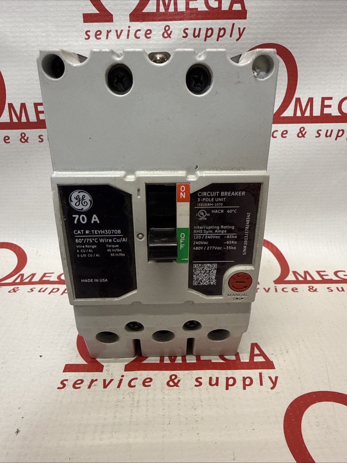 GE 70 Amp Bolt-On Circuit Breaker 3 Pole 480Y/277 VAC 65kA TEYH3070B