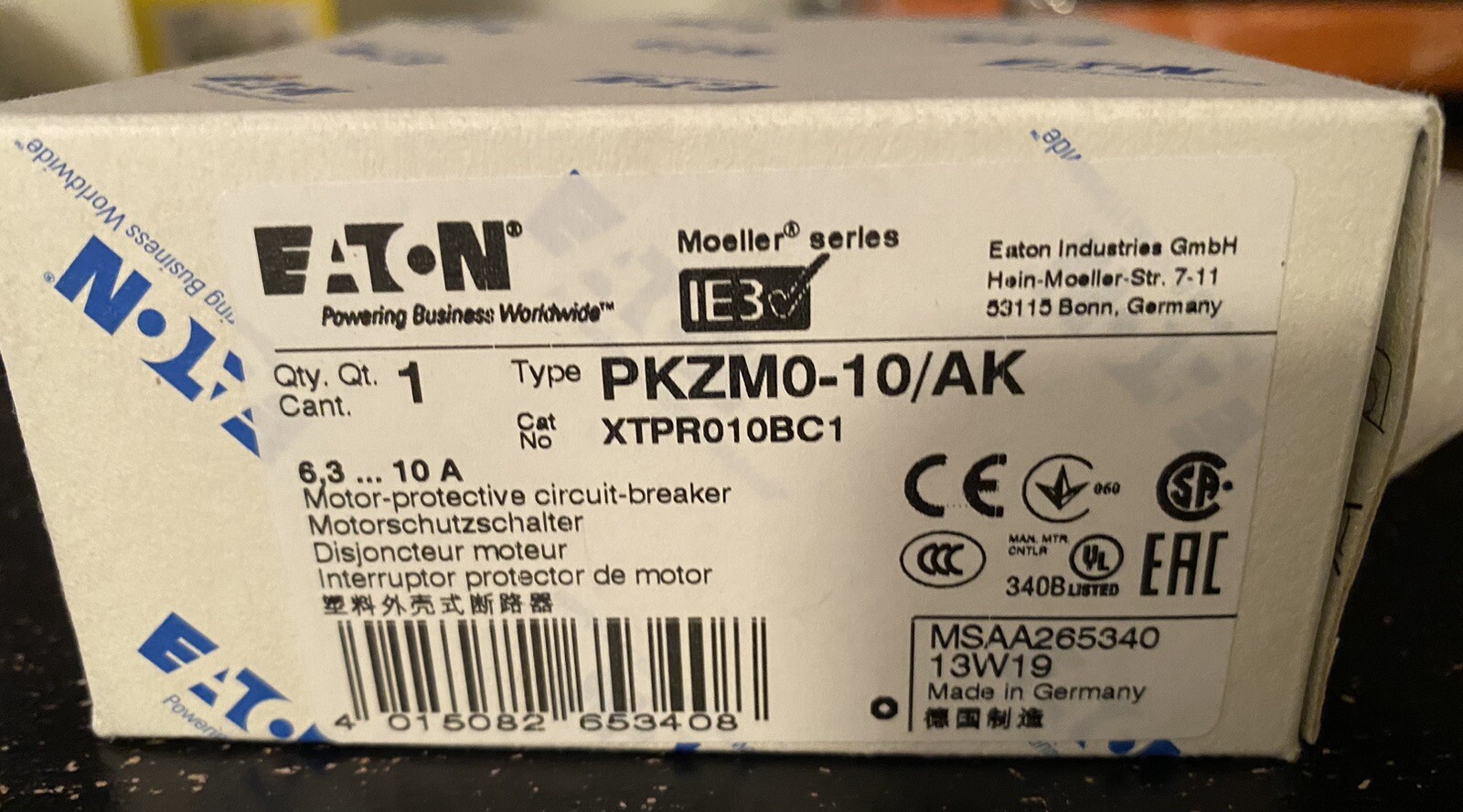 NEW, Eaton – XTPR010BC1 – Manual Motor Protector. 6.3-10A. NEW in Box