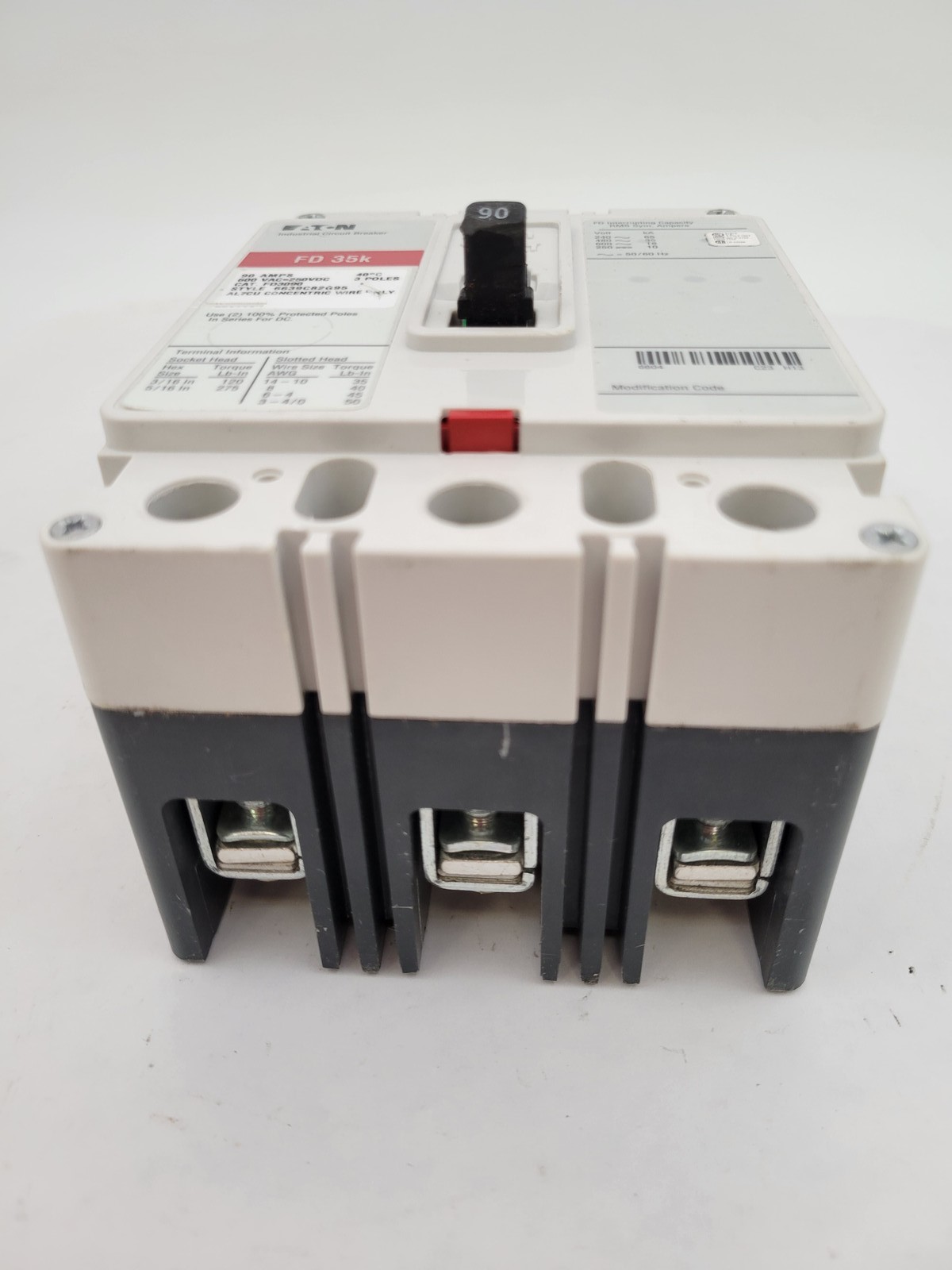 Eaton FD3090 Circuit Breaker 90A 3P 600V Red FD 35K