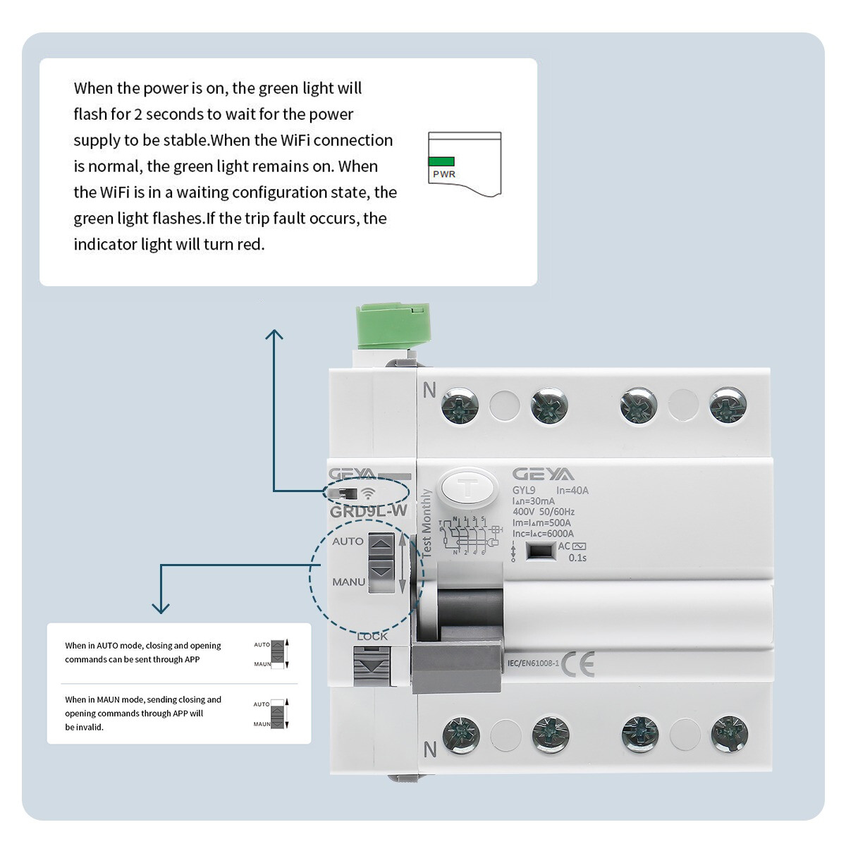 GEYA Tuya WIFI Controller Smart ELCB RCCB RCD AC Type 4P AC230V 40/63A 30/300mA