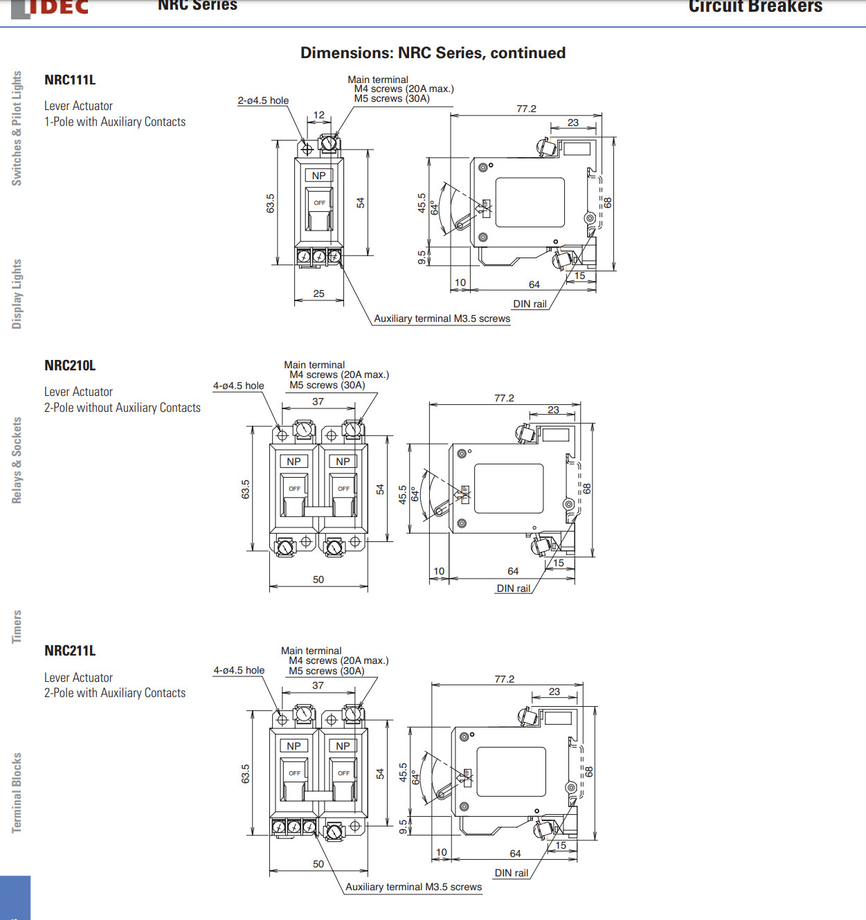NRC211L-5A-AA IDEC Circuit Breaker NRC 2Pole 65VDC 250VAC 5A A Trip Curve