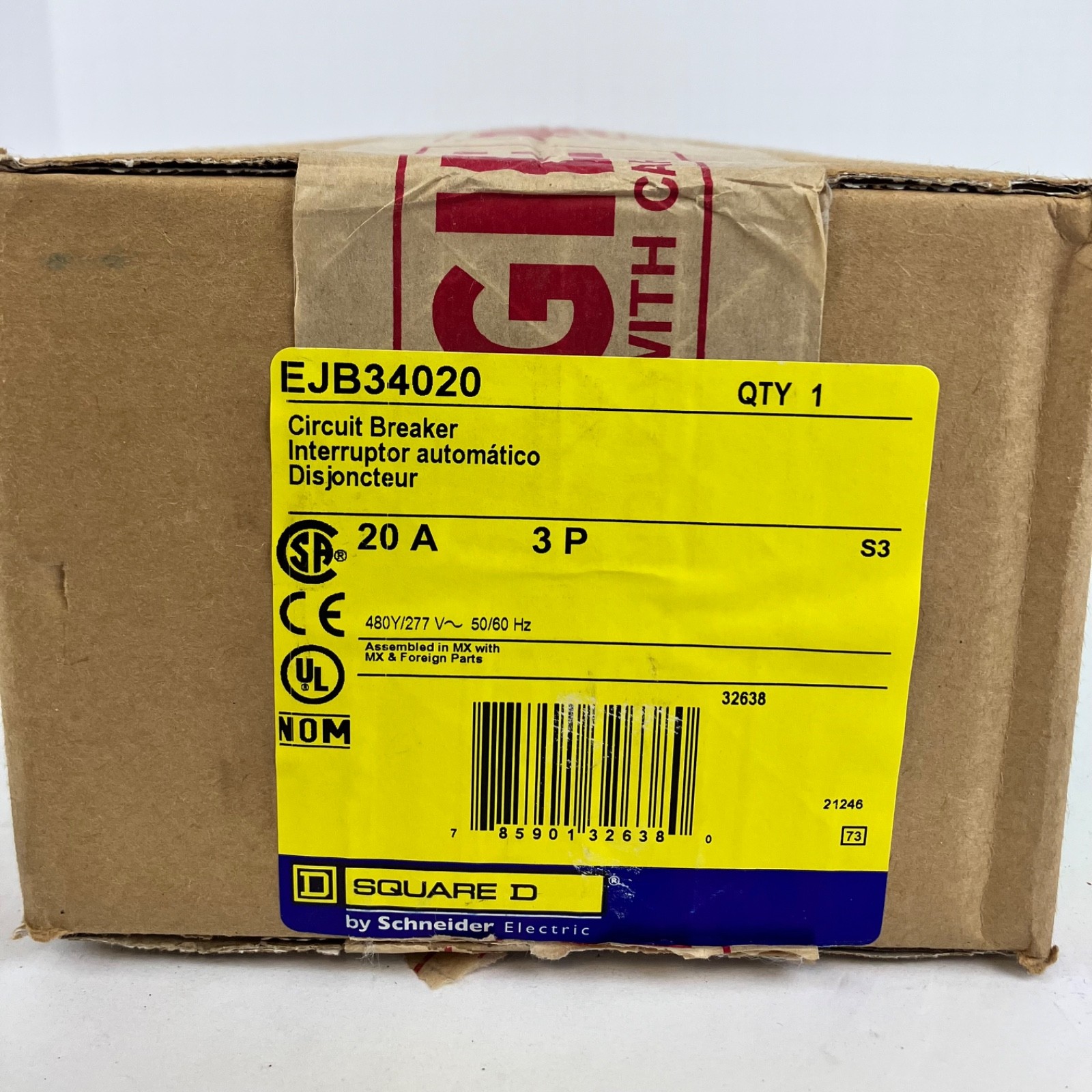 Square D EJB34020 20A 3-Pole Circuit Breaker 480Y/277V 65kA E-Frame Bolt-On