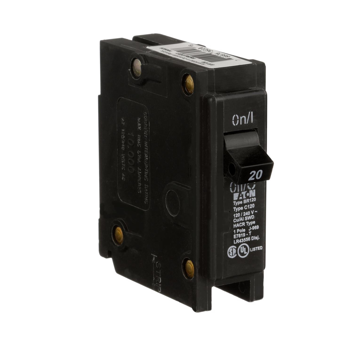 Eaton BR120 20A 1-Pole Plug-On Type BR Circuit Breaker 3 L x 3 H x 1 W in.