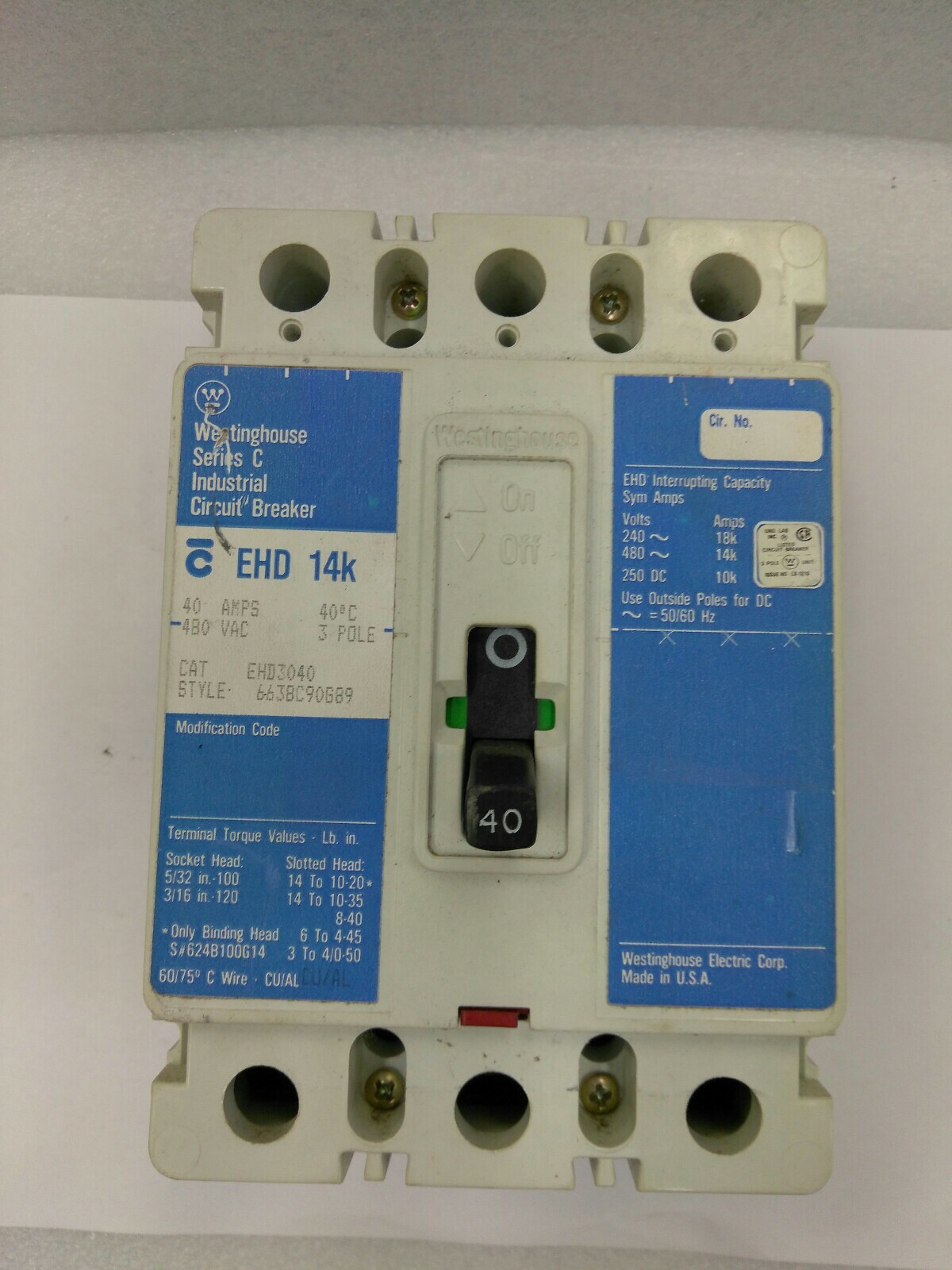 Westinghouse EHD3040 Molded Case Breaker 40A, 3p, 480VA ,TYPE EHD -14K (17B1