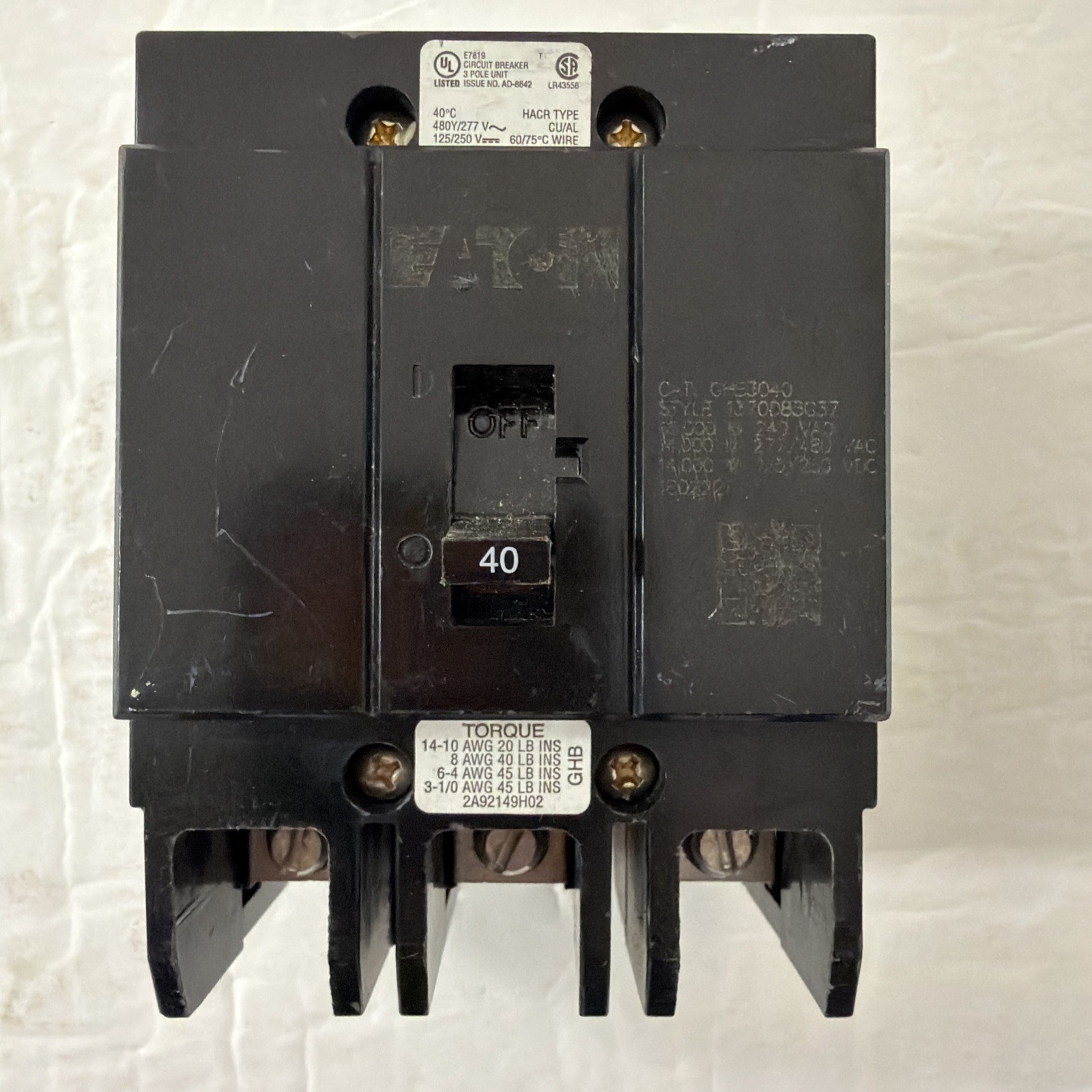 GHB3040 GHB 3Pole 40Amp 14k @ 480Volt Bolt-On EATON Cutler Hammer