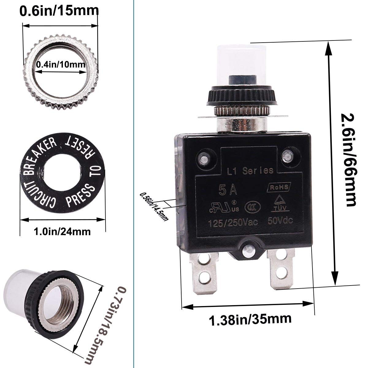 2Pcs 5Amp Circuit Breakers Push Button Manual Reset 125/250V AC 50V DC L1