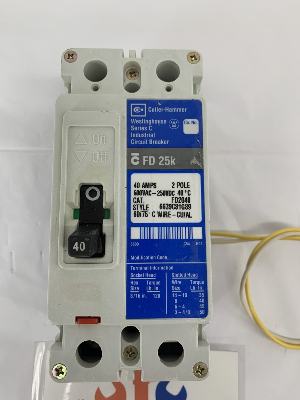 Eaton FD2040 40A 2P 600VAC Circuit Breaker w/Eaton SNT1RP08K Shunt Trip