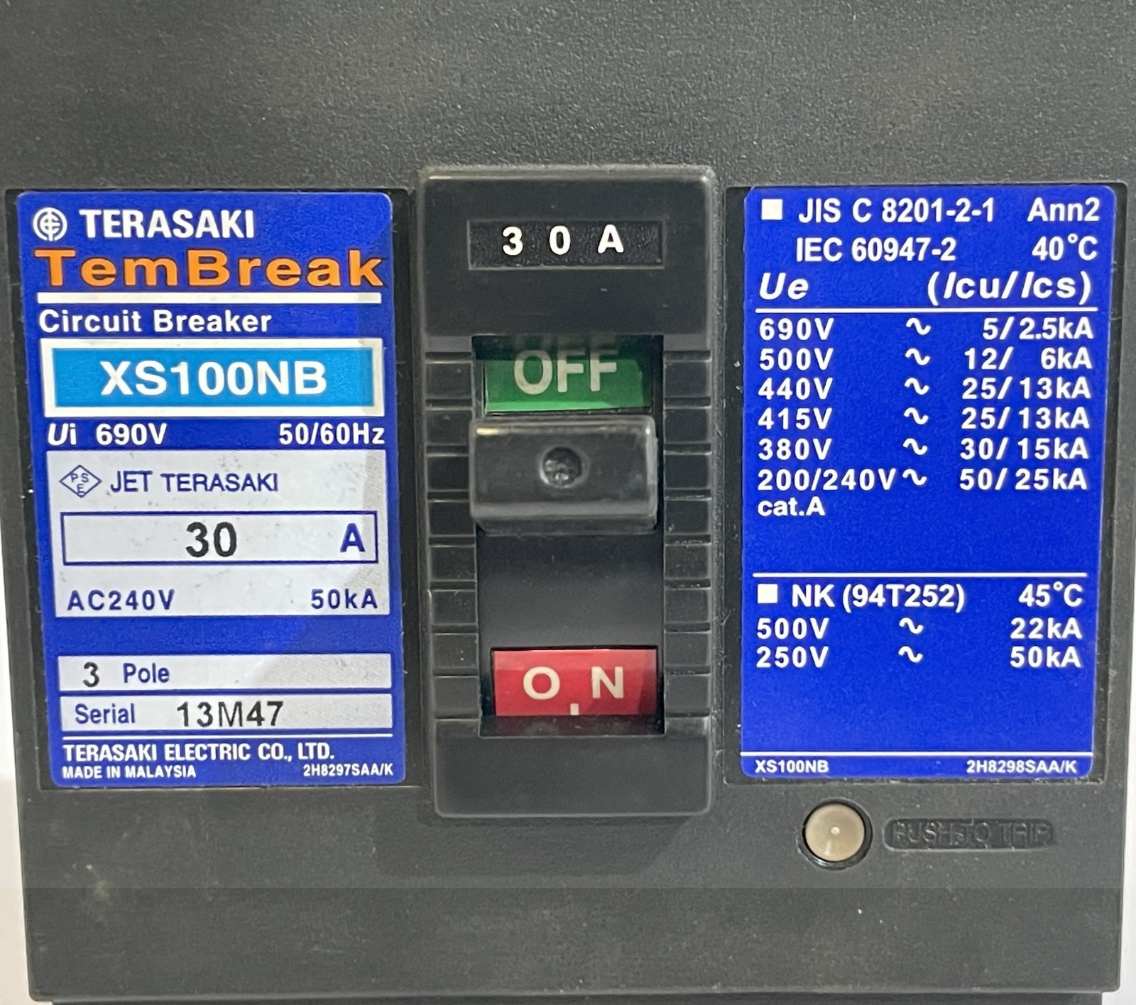 TERASAKI TEMBREAK XS100NB CIRCUIT BREAKER 30A 440VAC 25KA FREE FAST SHIPPING