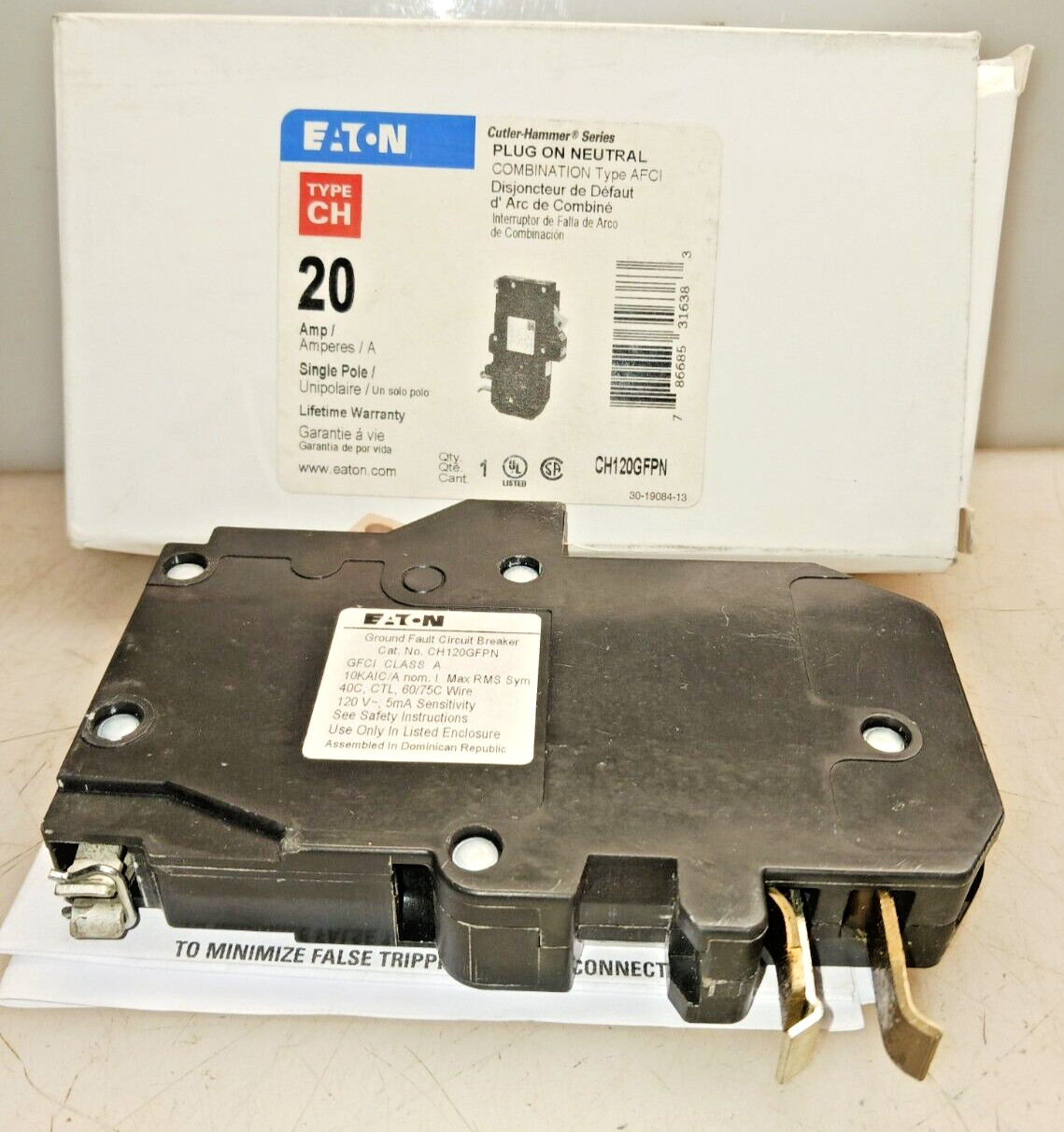 New Eaton Plug On Neutral AFCI Circuit Breaker 20 Amp 1 Pole 120 VAC CH120GFPN