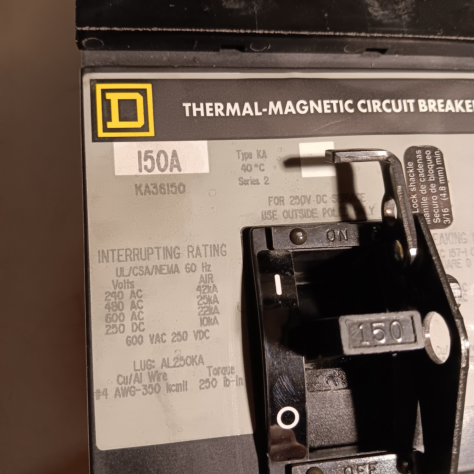 One Square D KA36150 150Amp 3Pole 25kA@480VAC I-Line Breaker