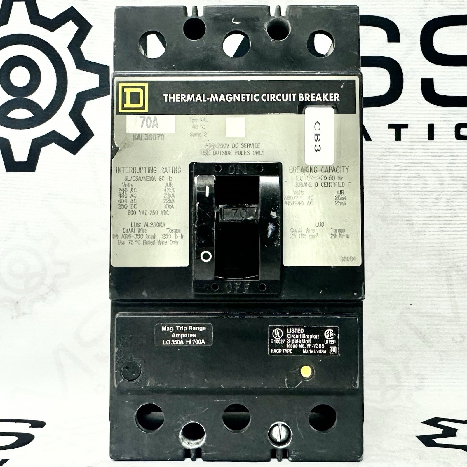 Square D KAL36070 Thermal Magnetic Circuit Breaker 70A 3 Pole 600V KAL