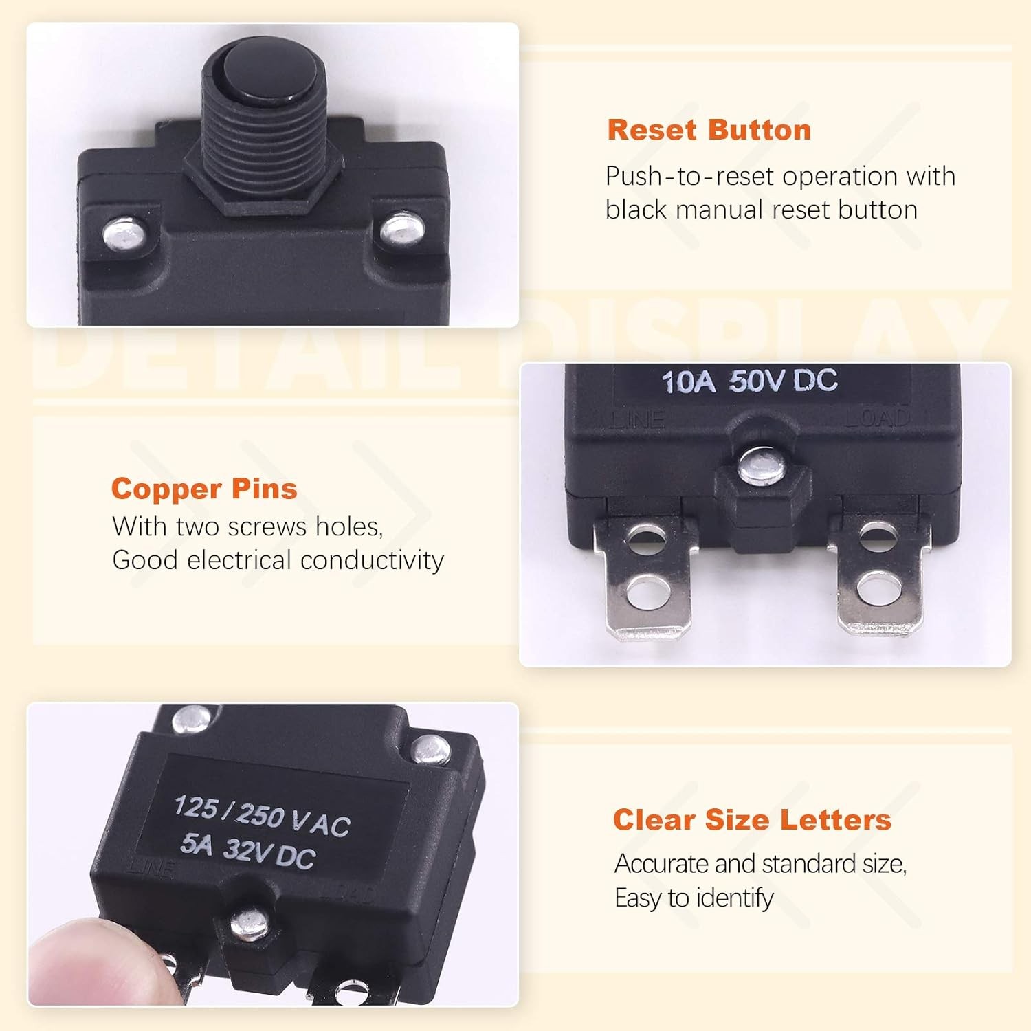 30 Pcs Push Button Reset Circuit Breaker Assorted Set with Quick Size: 5A-30A