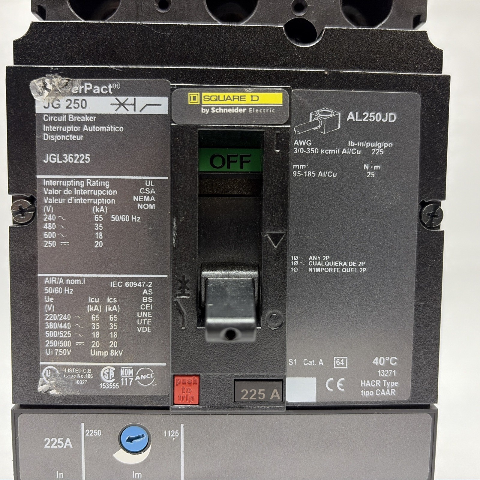 Square D Power Pact JG 250, JGL36225, Molded Case Circuit Breaker