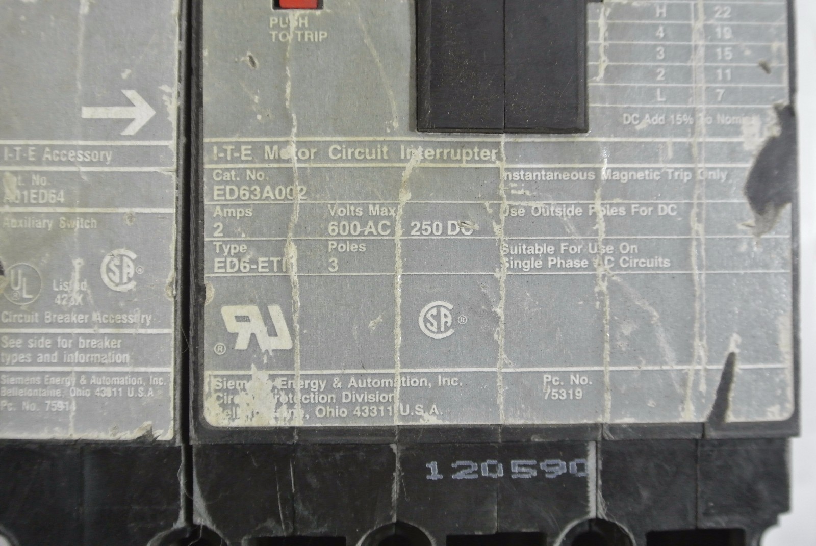 ED63A002 ITE Motor Circuit Protector 2A 600V with A01ED64 Auxiliary