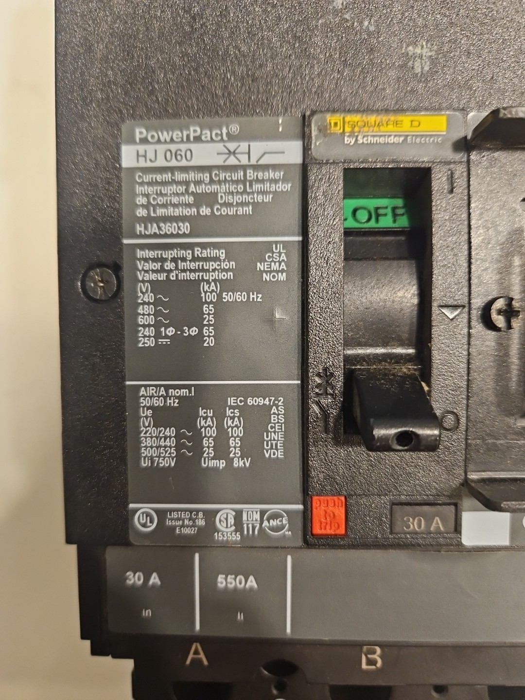 Square D PowerPact HJA36030 3 Pole 30 Amp I-Line Circuit Breaker. LOTO Clasp