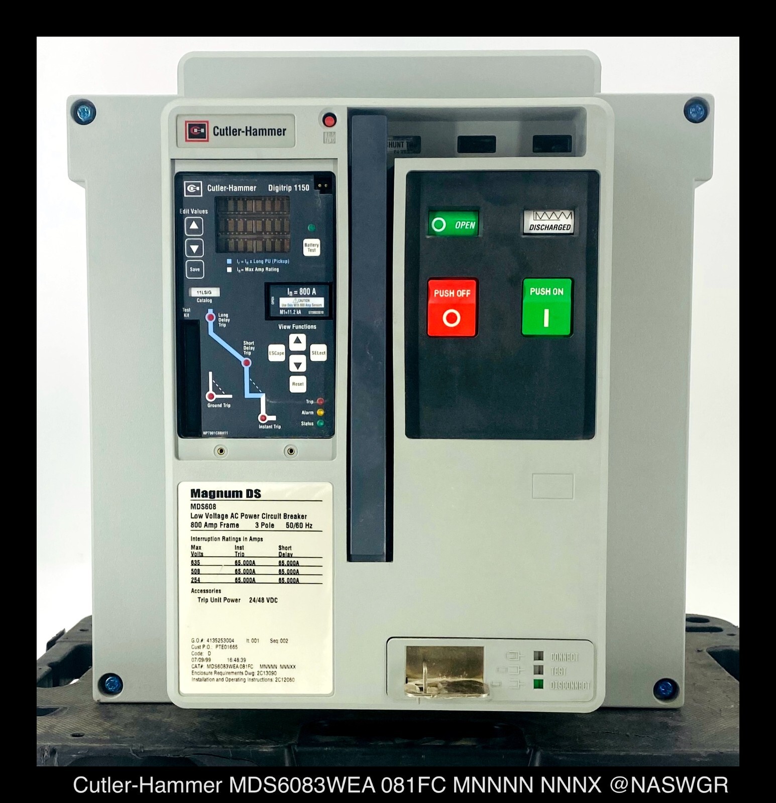 Cutler Hammer Magnum DS MDS608 Breaker (M/O,D/O) ~ 800 Amp – Tested/1Yr Warranty